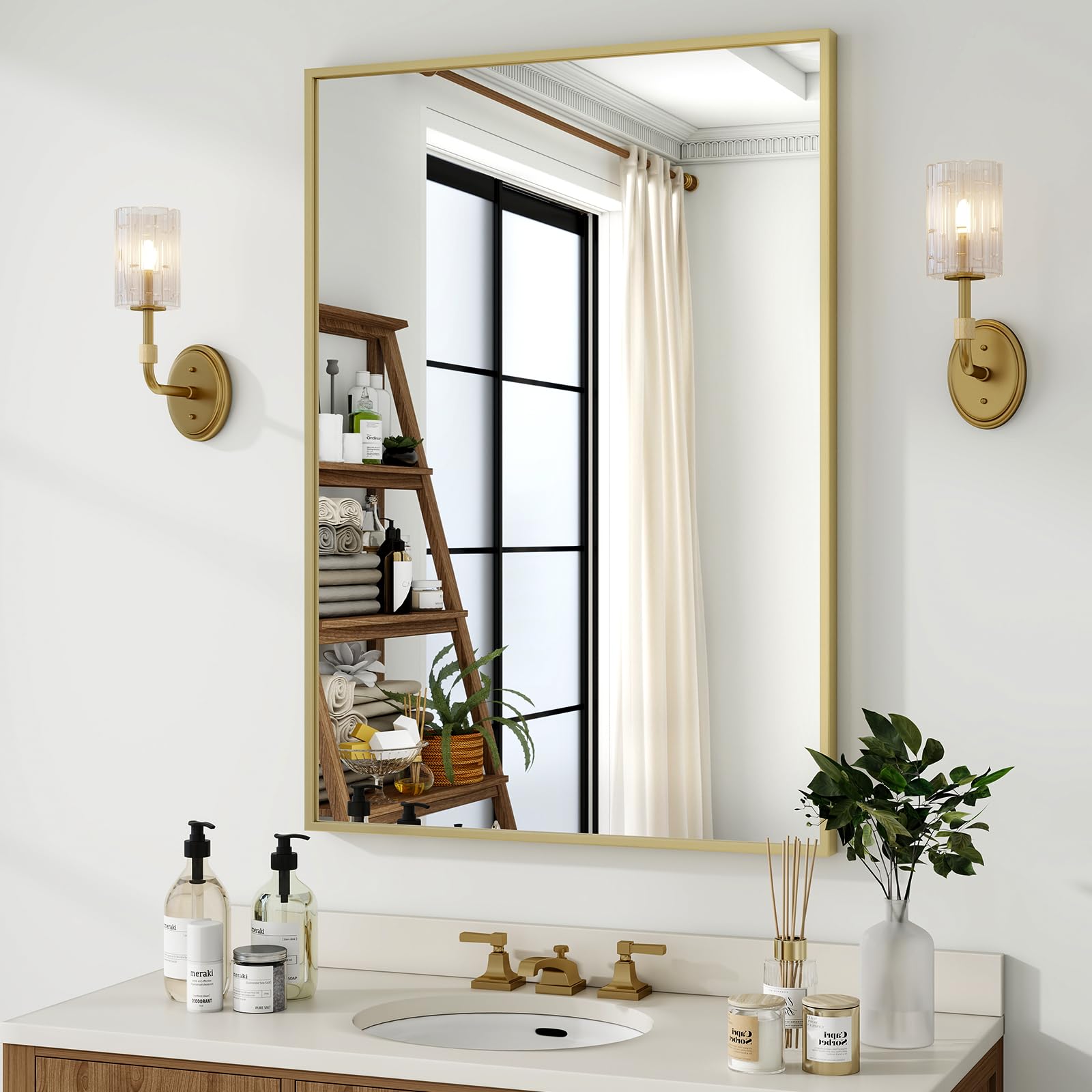 HARRITPURE 24"x36" Framed Bathroom Mirror for Wall Rectangle Mirror Aluminum Alloy Frame Wall-Mounted for Farmhouse Entryway Bedroom Living Room Gold