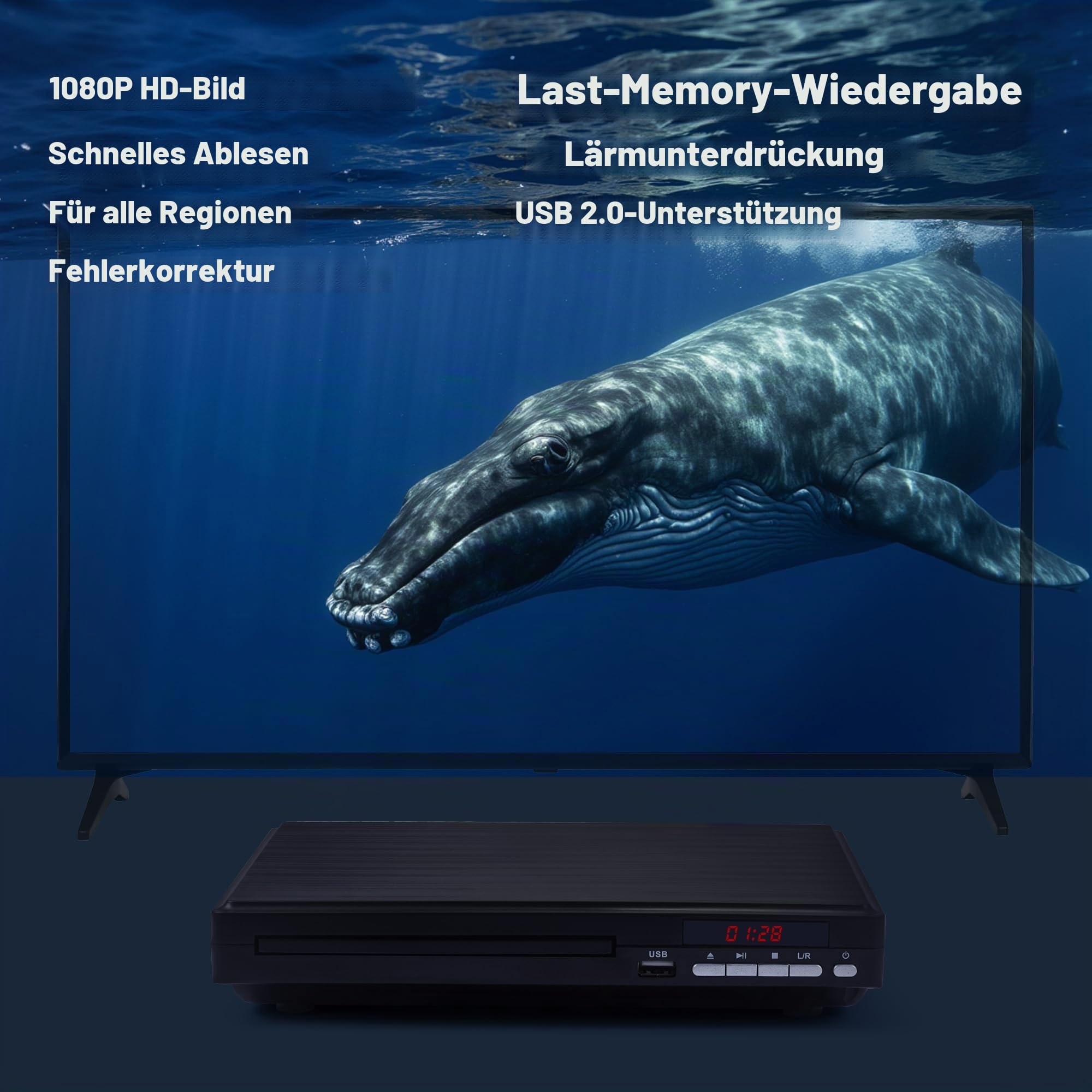 DVD-Player für Fernseher, 1080P HD-DVD-Player für Zuhause, alle Regionen, kostenloser kompakter Mini-CD-Player mit HDMI- und AVI-Kabel, USB-2.0-Anschluss, Fernbedienung, integriertes PAL