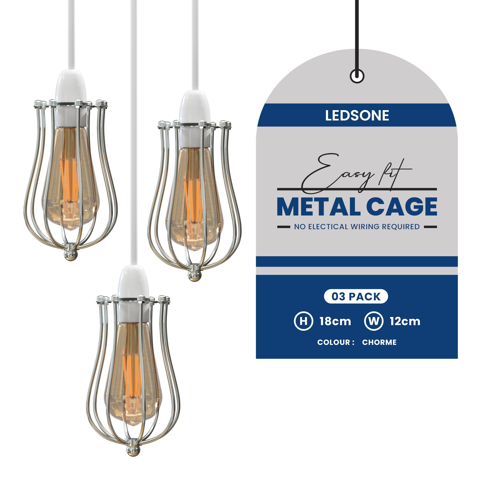 LEDSone 3 Pack Chrome Metal Balloon Wire Cage Lamp Shade Retro Design 12cm Width and18cm Light Shade Ceiling Pendant Light Shade Vintage Industrial Style Easy Fit Metal Lamp Shade(Chrome 3 Pack)