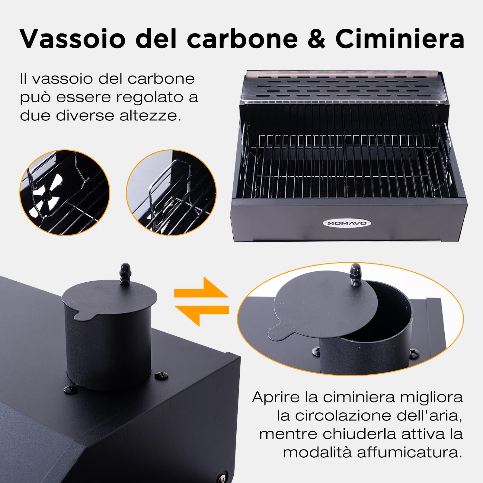 Barbecue a Carbonella, Barbecue con Coperchio, Superficie Cottura: 45×32 cm, Vassoio Carbone Regolabile in Altezza, Tavolino Laterale