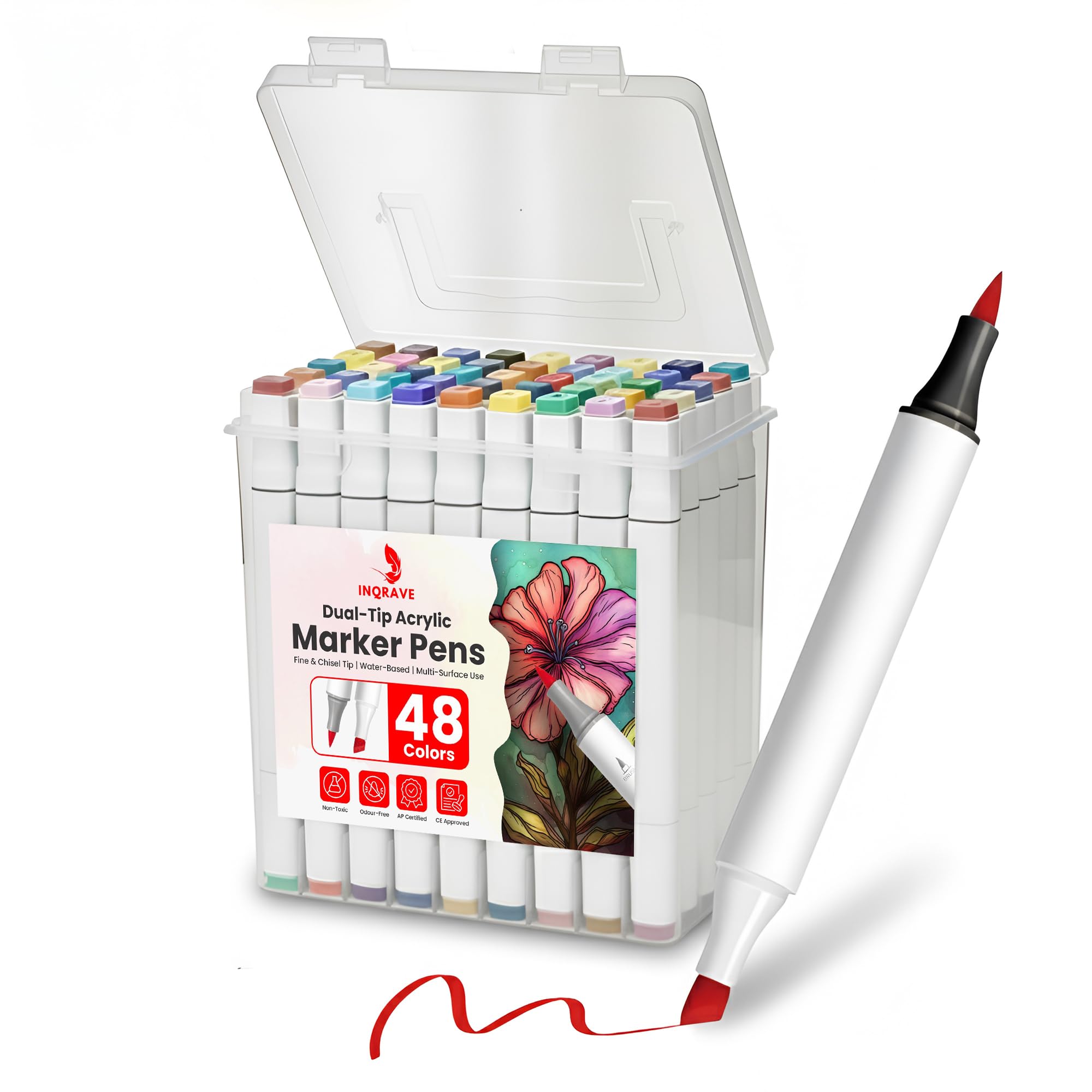 Acrylic Markers - Set of 48 Permanent Markers Fine and Medium Tip - Acrylic Paint Markers for Stone, Wood, Fabric, Ceramics, Glass and More - Intense Colours, Non-Toxic