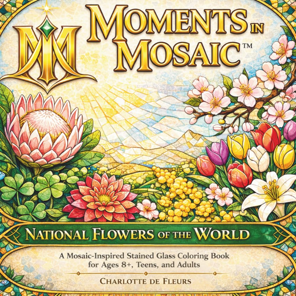 MOMENTS IN MOSAIC: National Flowers of the World: A Mosaic-Inspired Stained-Glass Coloring Book for Ages 8+, Teens, and Adults