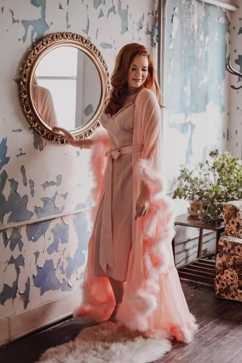 Feather Bridal Robe Long Fur Maternity Dress Wedding Scarf Lingerie Bathrobe Sleepwear Nightgown Photography - Image 4