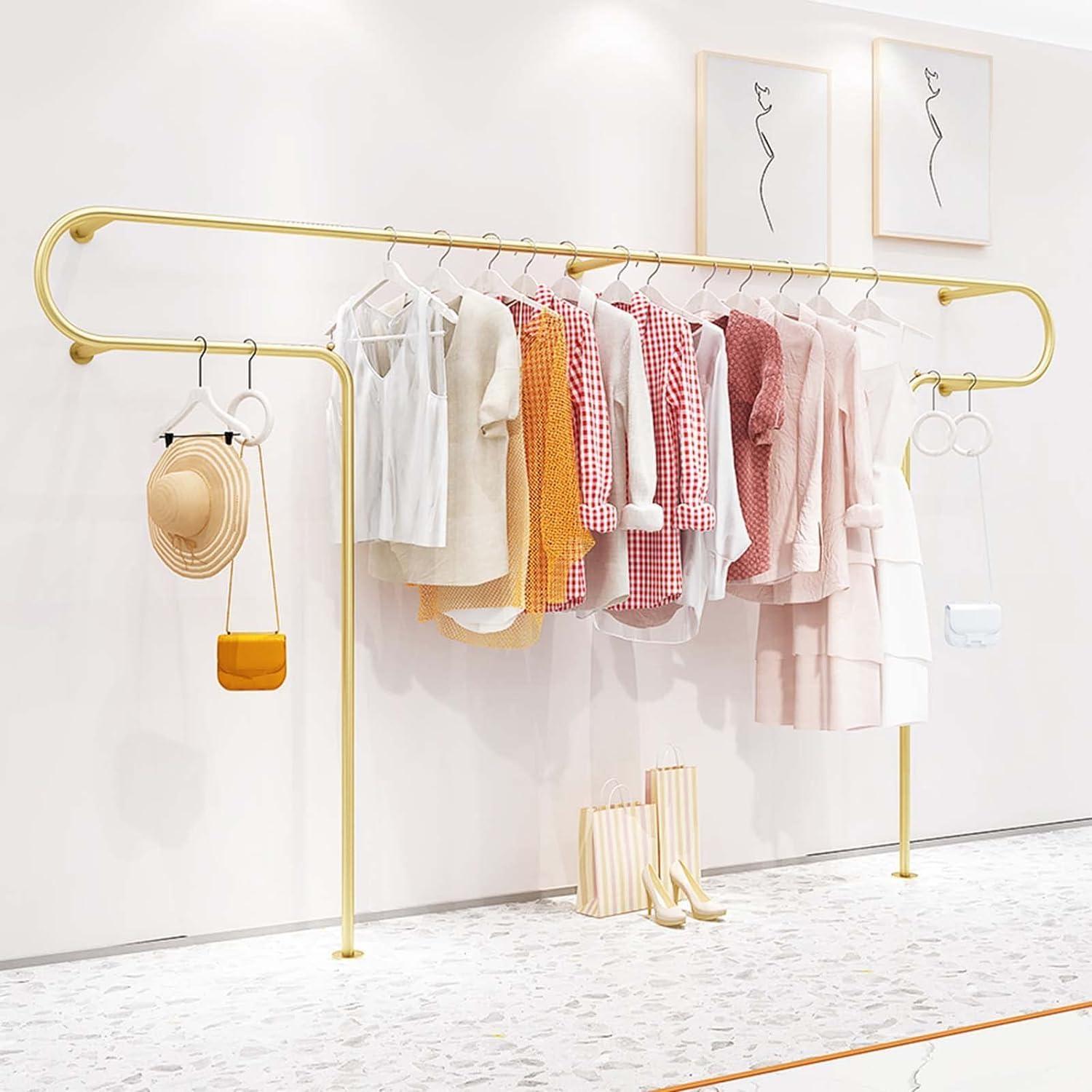Wall Mounted Clothing Store Display Stand, Modern Creative Gold Boutique Hanger Metal Clothes Rod Closet Organizer, Multi-Purpose Clothing Storage Rack (250Cm image 4