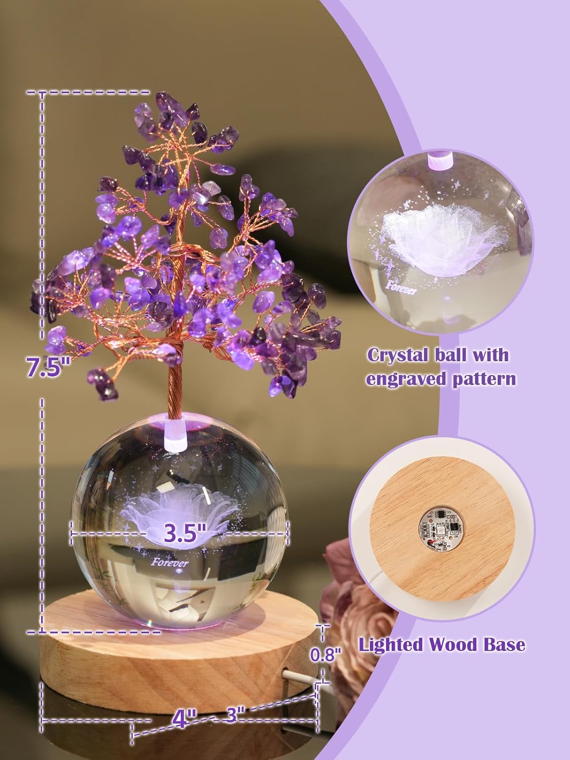 Amethyst Crystal Tree of Life for Positive Energy, Chakra Healing Tree with Remote Control Multicolor Night Light for Home, Office, Desk Decor, Purple Gift for Women, Girls (Rose)