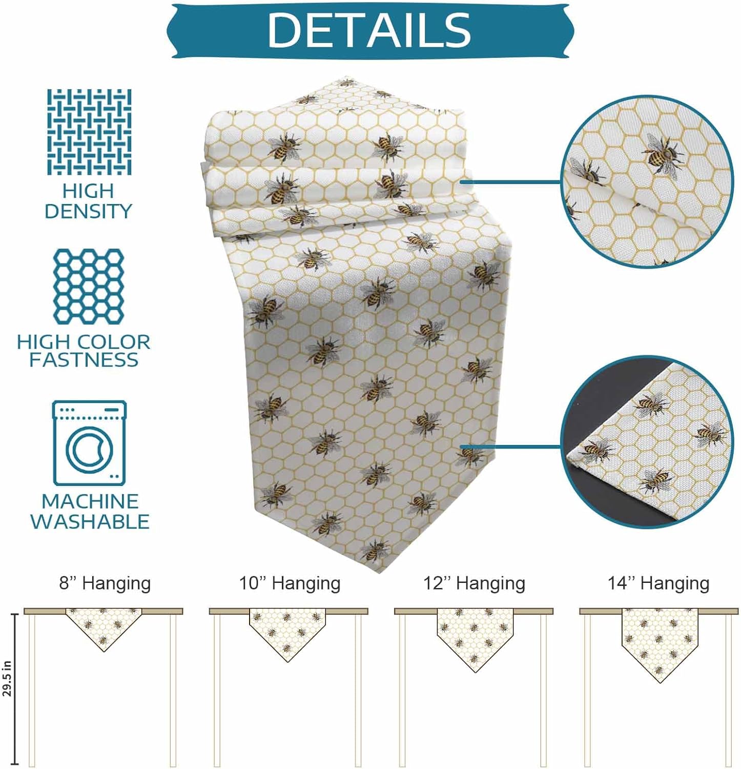 Bee Table Runner 13x90inch Durable Dining Room Table Runners fit Rectange and Round Table Decorations for Kitchen/Hotel, Bee Pattern on Yellow Beehive Background