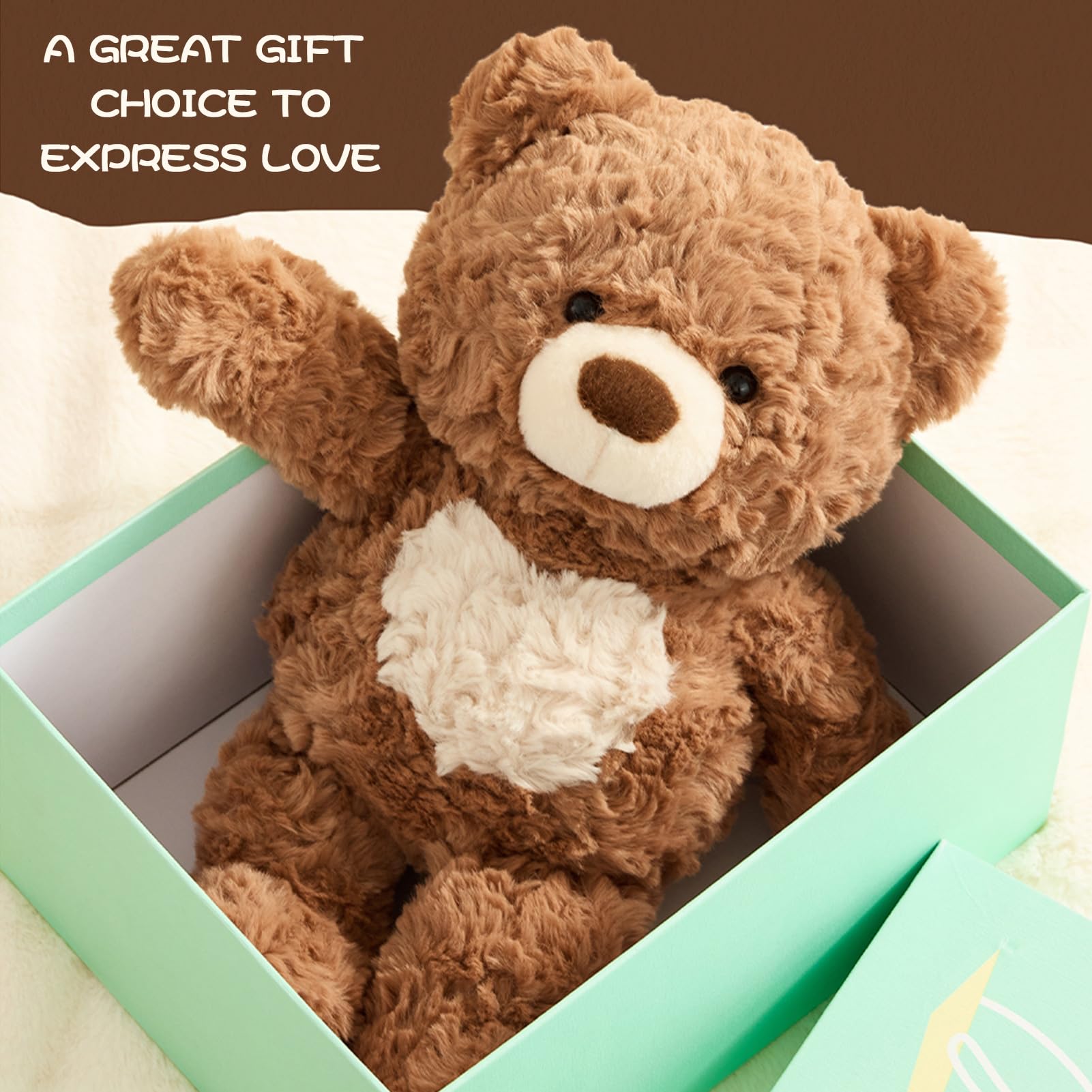 Adorlynetty 13.7” Teddy Bear Stuffed Animals with heart, Cute Teddy Bear Plush for Kids Baby Girls Boys(Brown) - Image 4