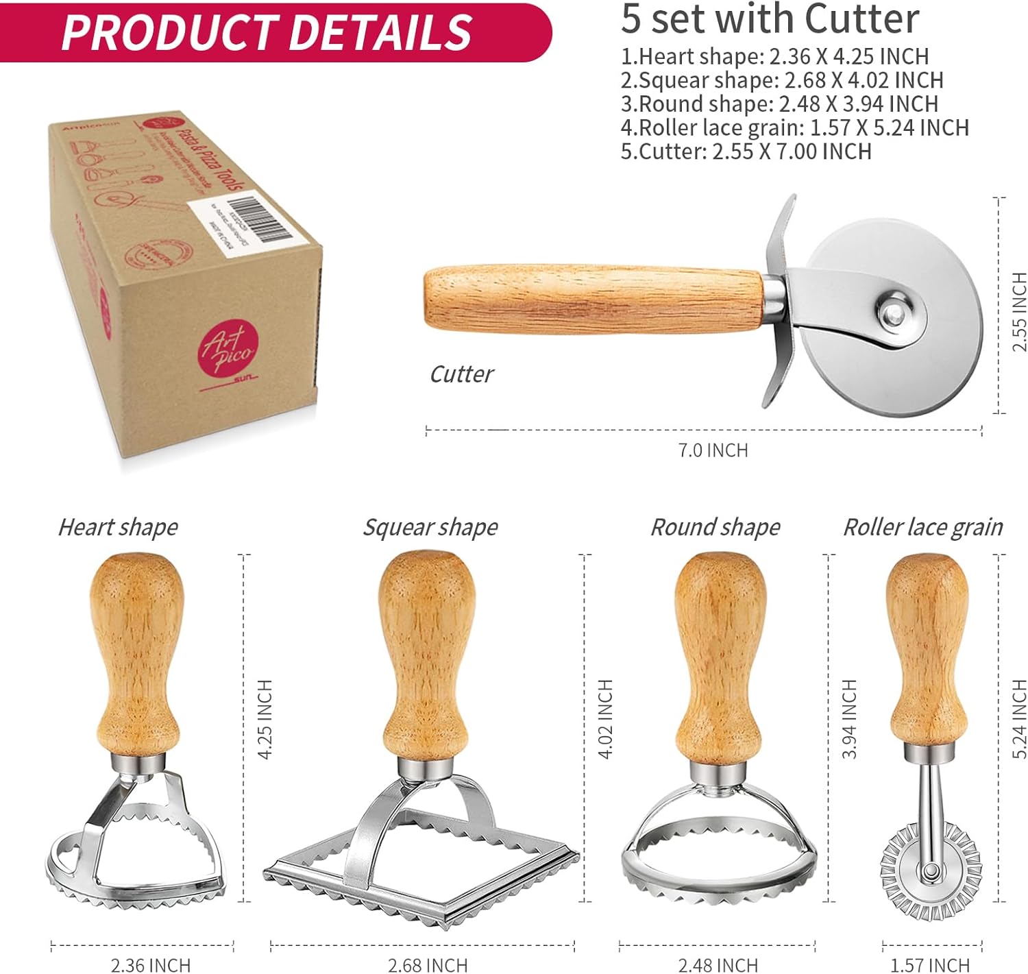 Artpico Ravioli Stamp Maker Cutter Roller Wheel Set of 5 Pasta Making Kit Wooden Handle Fluted Edge for Ravioli Press Cutter Pastry Dumplings Lasagna Pierogi Dough cut - Image 6