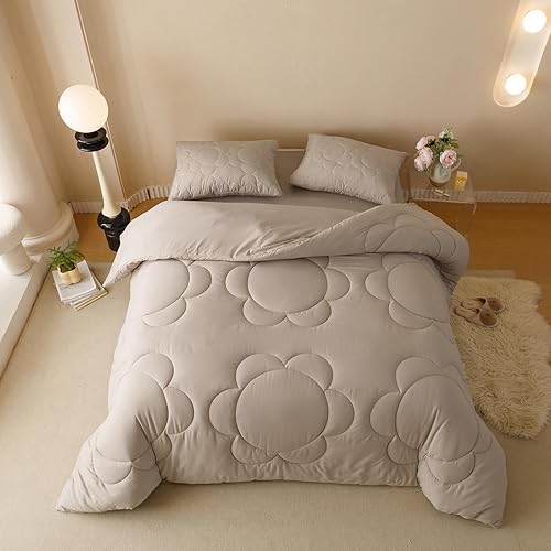 Miniatura 6 de KAREVER Edredón de flores color caqui, tamaño King, con estampado de girasol champán claro, edredón de cama King de 3 piezas, edredón floral champán