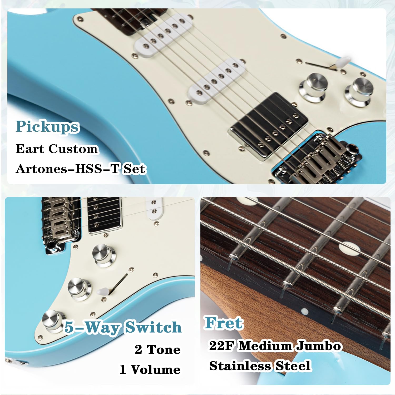 EART Electric Guitar 6-String Solid-Body 22 Frets Guitar in Blue