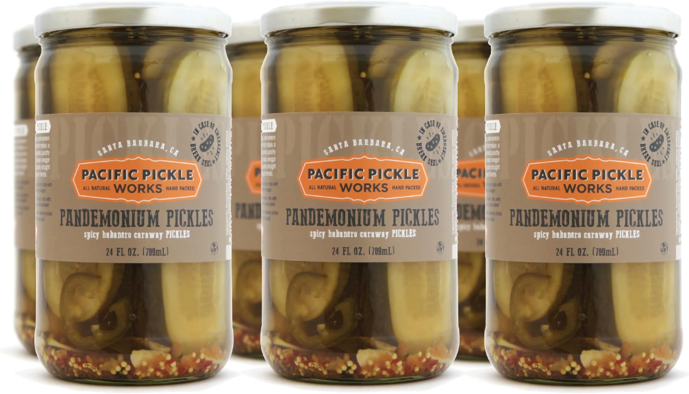 Pandemonium Pickles - Spicy Caraway Pickle Halves with Habanero, Jalapeรฑo, Garlic - Gourmet Hot Pickles for Sandwiches, Snacking - non-GMO, Kosher, Sugar-Free, Gluten-Free 24oz Jar (6-pack)