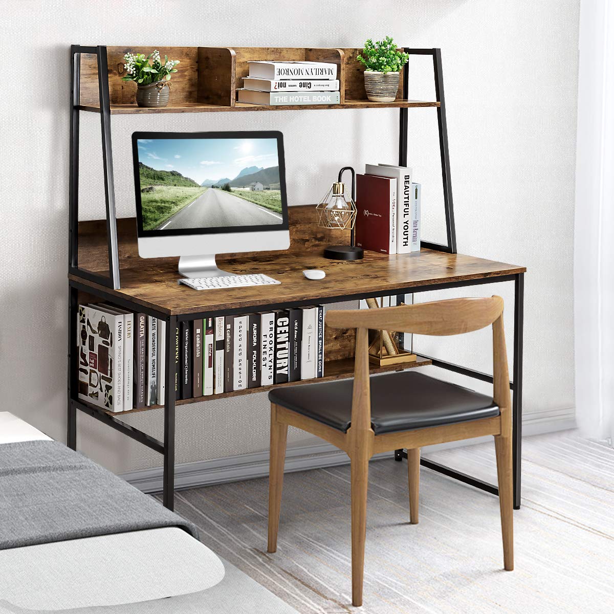 Giantex Escritorio para Ordenador, Mesa de Trabajo con Estantería y 3 Compartimentos, Superficie Amplia y Patas Ajustables, Ahorra Espacio, para Oficina, Estudio y Casa, 120 x 57 x 140 cm (Café)
