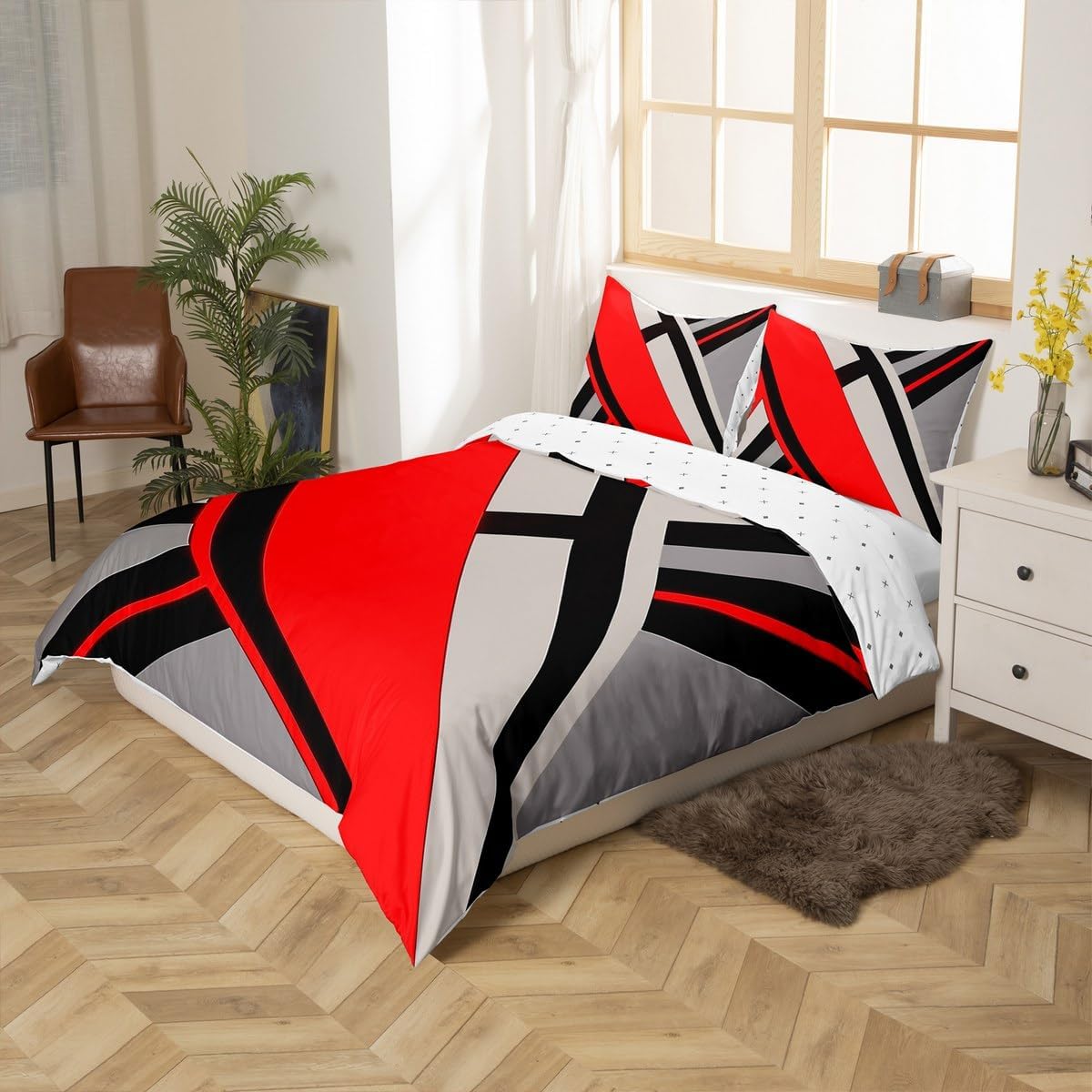 jejeloiu Red Grey Black Duvet Cover Abstract Geometric Bedding Set Toddler Size for Kids Boys Girls Teens Room Decor Modern Design Comforter Cover,No Comforter