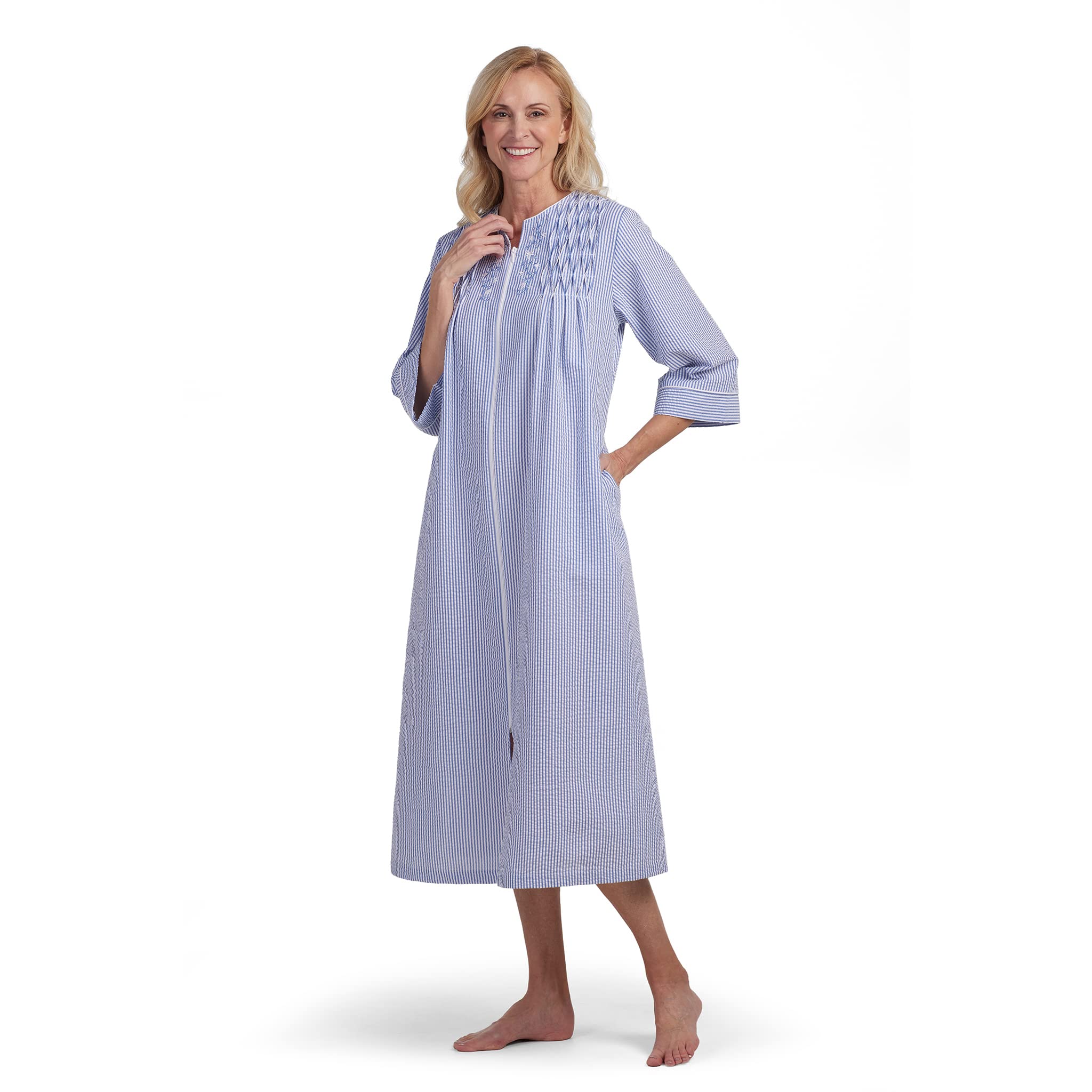Miss ElaineRobe - Long Seersucker Women's Robe, Hand Smocked Neckline & Embroidered Trim, Zip Front, Sleepwear & Loungewear