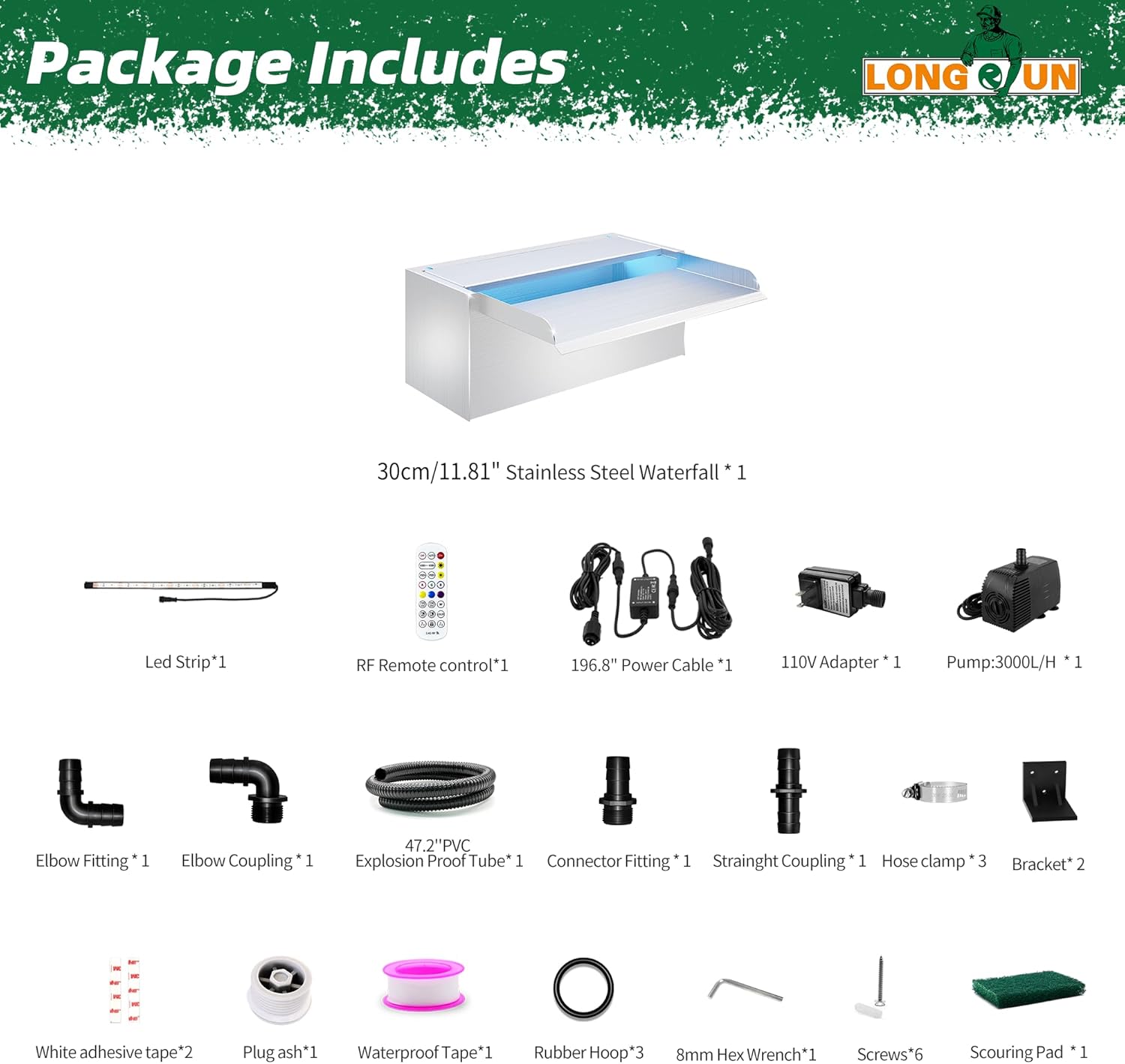 Longrun Pond Waterfall Box with Pump Kit, 304 Stainless Steel Pond Waterfall Spillway with 680 GPH 3000L/H Pump for Ponds, Pond Spillway Color-Changing LED Light Strip for Garden (11.8")