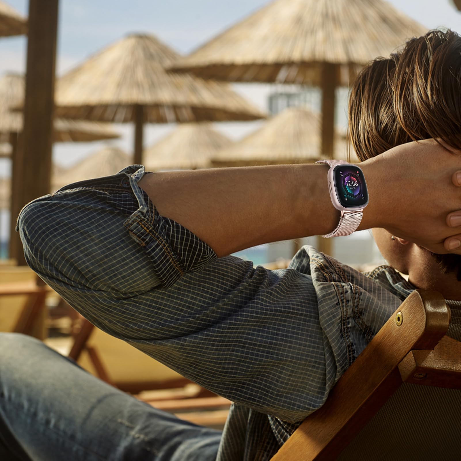 Bracelet Métal Charlam Pour Fitbit Versa 3/4 Et Sense – Acier Inoxydable – Fermoir Magnétique – Rose/Or/Noir