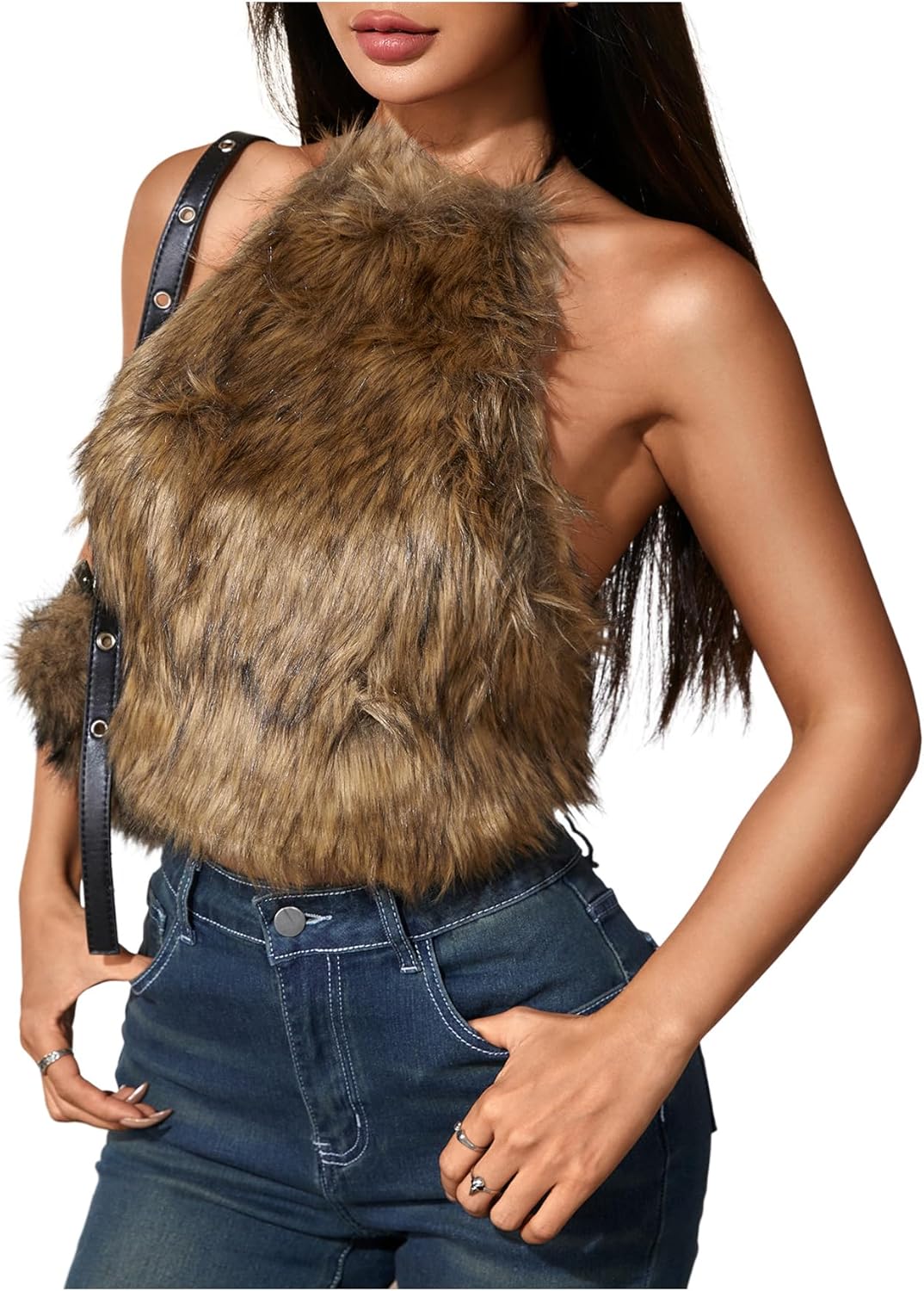MakeMeChic Women's Faux Fur Halter Tops Tie Open Back Backless Sleeveless Y2k Crop Top Medium Brown