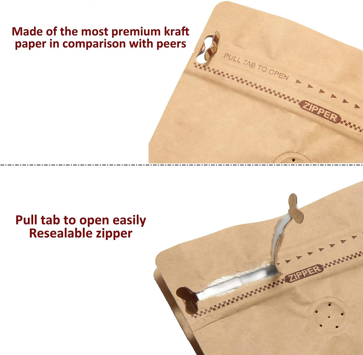 Wiederverschließbare Kraftpapier-Kaffeetüten mit Entgasungsventil, flacher Boden, Seitenfalte, Standbeutel mit Reißverschluss (50 Stück, passend für 250 g Bohnen oder gemahlenen Kaffee)