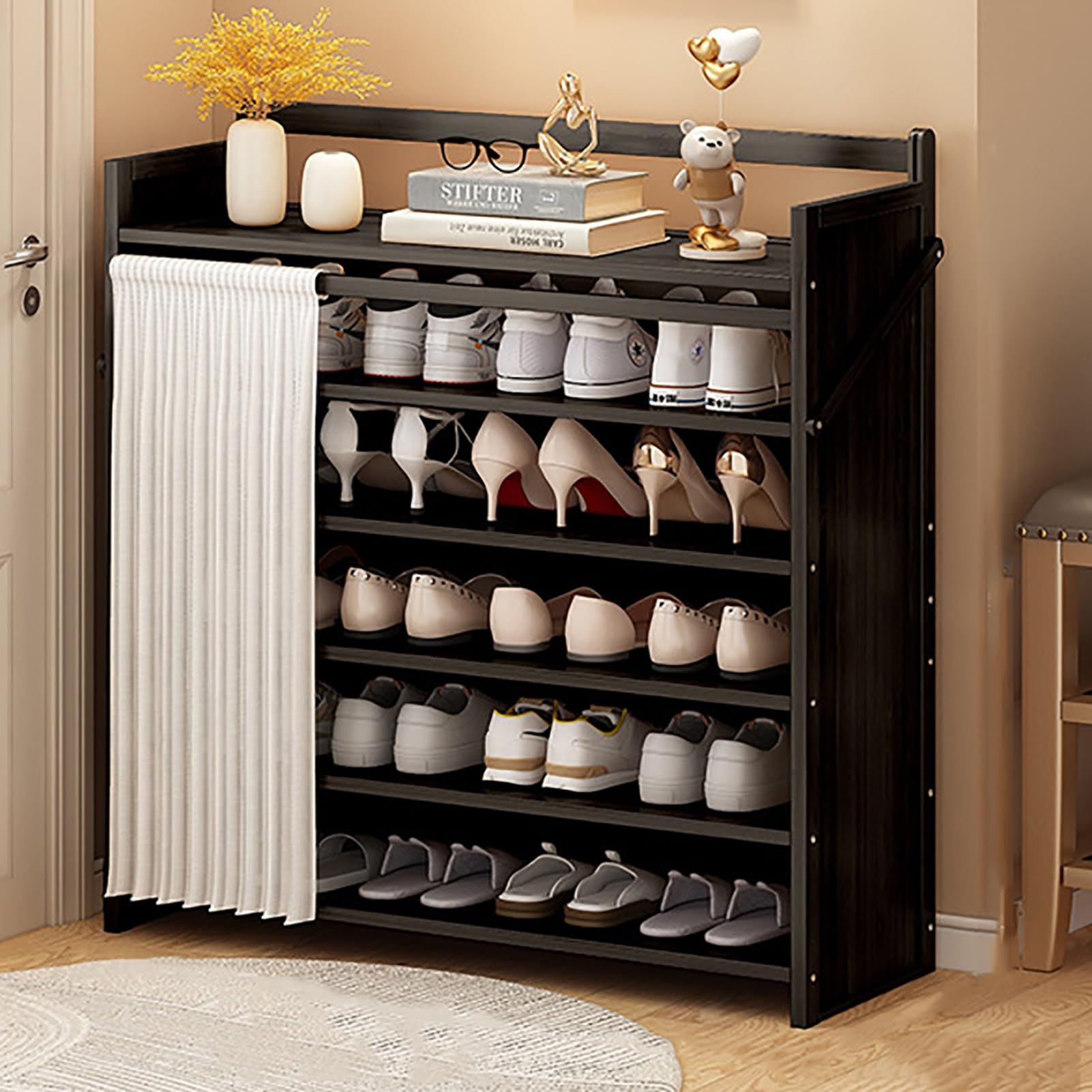 Foldable Shoe Rack No Assembly Required Bamboo Shoe Indoor/Outdoor Storage Shelf Independent Shoe Cabinet for Entryway Camping 2 Tier Black Color(Negro-6 Layers 35.4in)