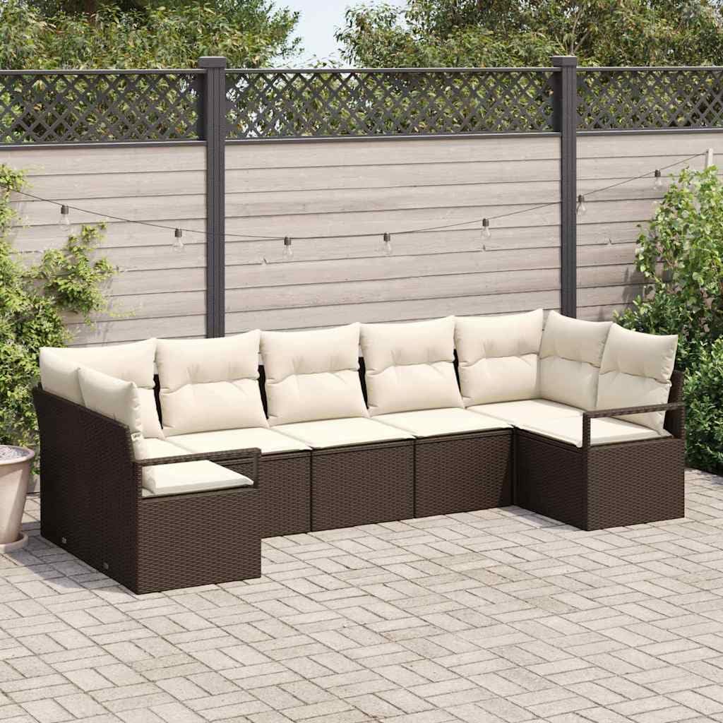 Modułowa sofa ogrodowa na taras, 7-częściowy, w kolorze brązowym i białym, z polirattanu, z nowoczesnym, funkcjonalnym zestawem wypoczynkowym i poduszkami