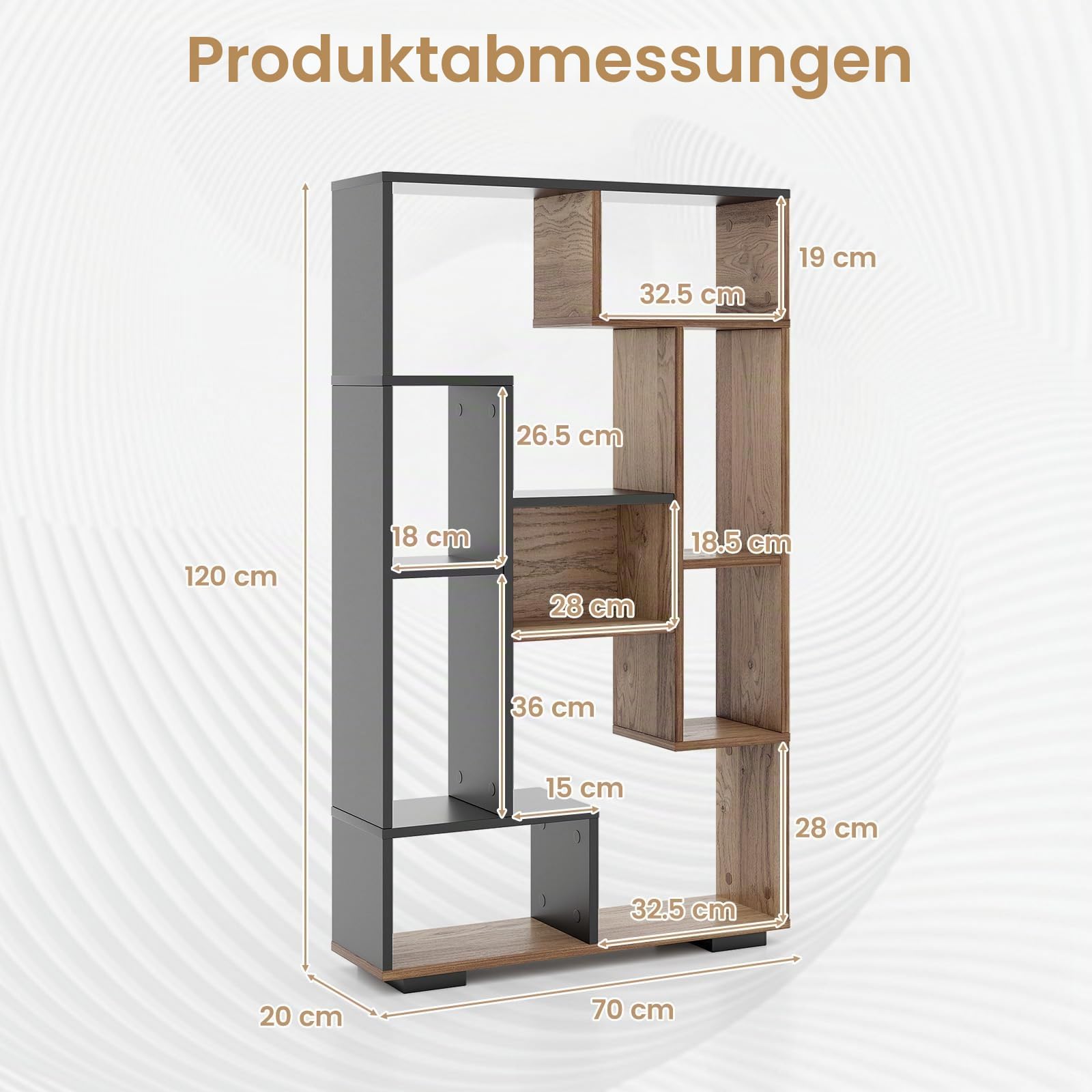 GIANTEX Bücherregal, 70 x 20 x 120 cm Holz Standregal mit Anti-Kipp-Vorrichtungen, freistehendes offenes Raumteiler Regal für Wohnzimmer, Arbeitszimmer & Büro (Schwarz + Natur)