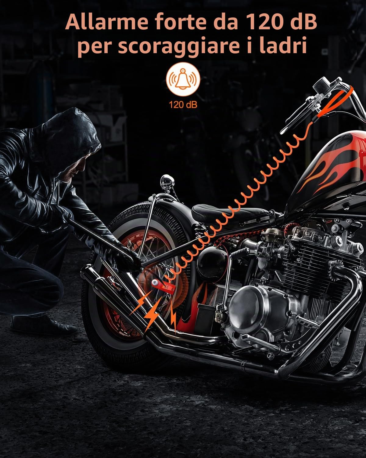 ZEXMTE Lucchetto per disco da moto con allarme, allarme antifurto ricaricabile da 120 dB con cavo promemoria da 1,8 m, lucchetto per motociclette pesanti impermeabile per moto, bici, scooter, e-bike