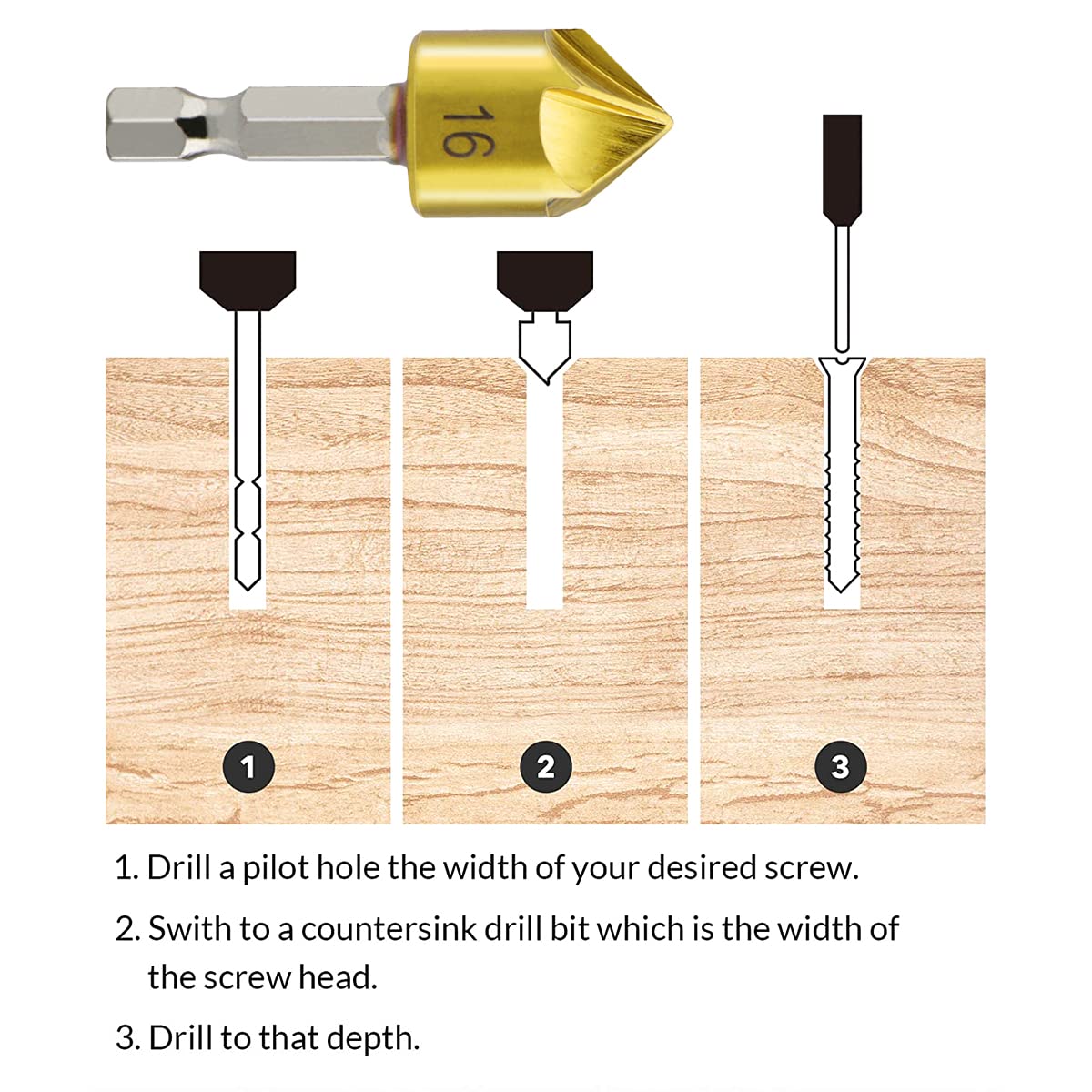 Countersink Drill Bit Set 6 Pcs 5 Flute Counter Sinker Drill Bits and 90 Degree Center Punch Tools HSS 1/4" Hex Shank for Wood Metal Quick Change 6-19mm (7)