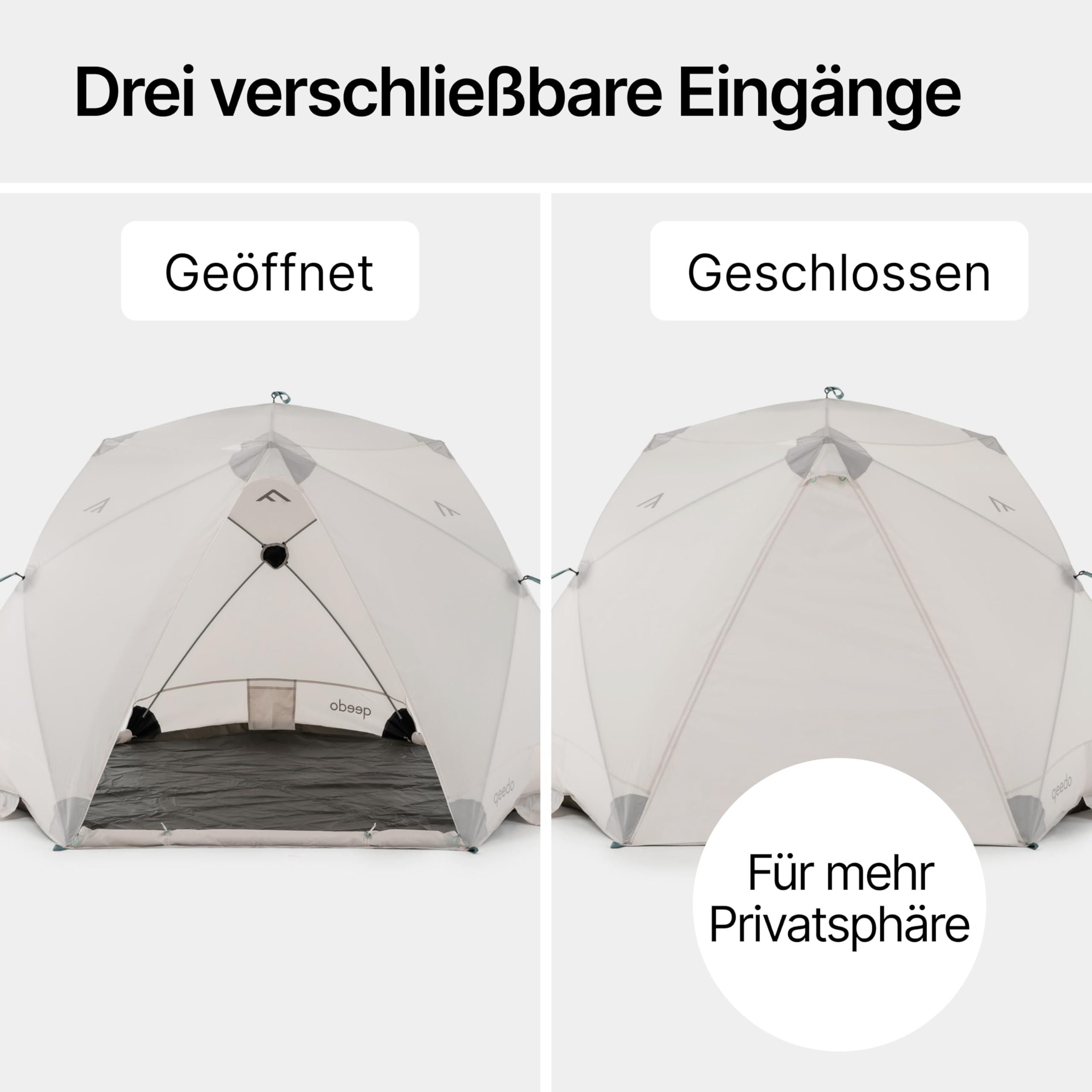 qeedo Quick Island Strandmuschel - große Quick-Up Strandmuschel mit 3 Eingängen, Sichtschutz & Windschutz, inkl. Boden, Sandanker, Heringe und Tragetasche