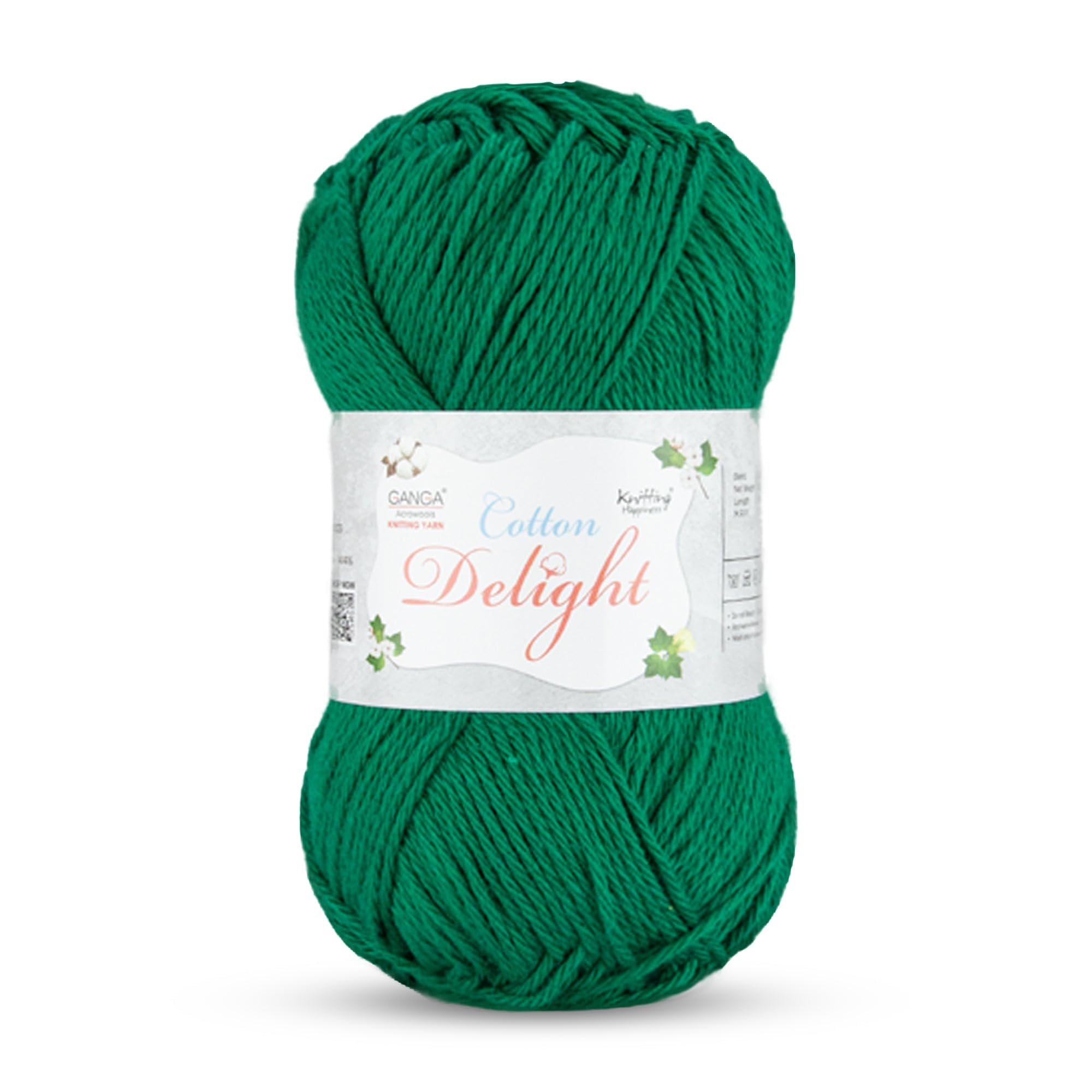 Ganga Acrowools Cotton Delight, Dk Weight Cotton Yarn, Oekotex Class L Certified 100G, 169M, Pack of 1 Ball - 100gm Each, Shade No. - COD056 - Green Jewel
