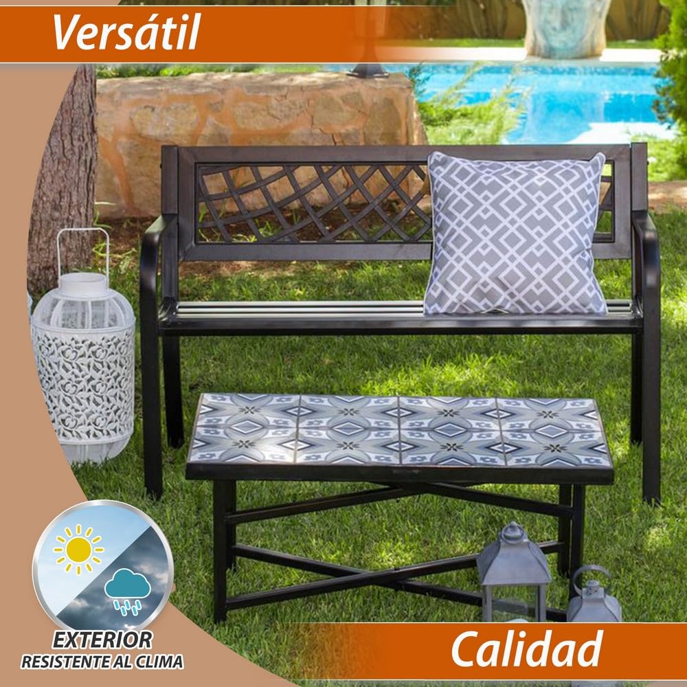 LOLAhome Banco de Jardín Acero Madera Nogal 2 Plazas 120x62x82 cm Respaldo Apoyabrazos Anticorrosión Exterior Negro