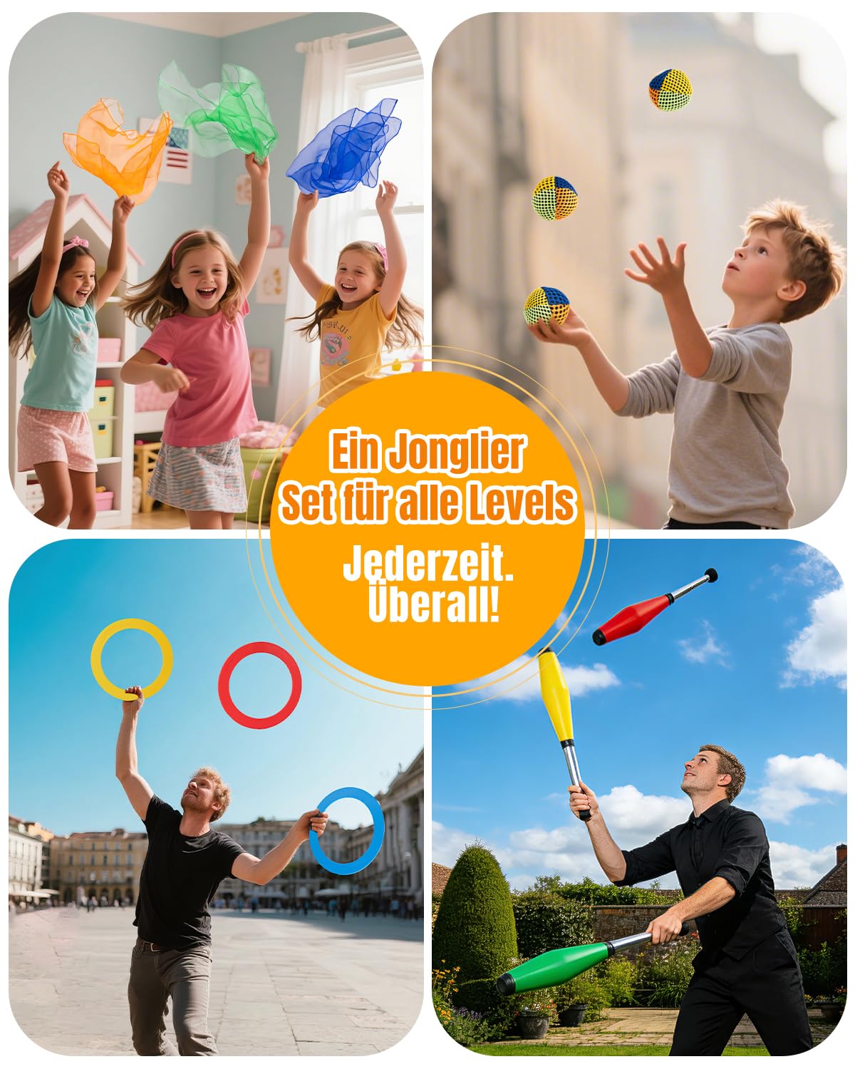 Jonglier-Starterset 4-in-1 mit 3 Bällen, 3 Tüchern, 3 Ringen & 3 Keulen für Anfänger