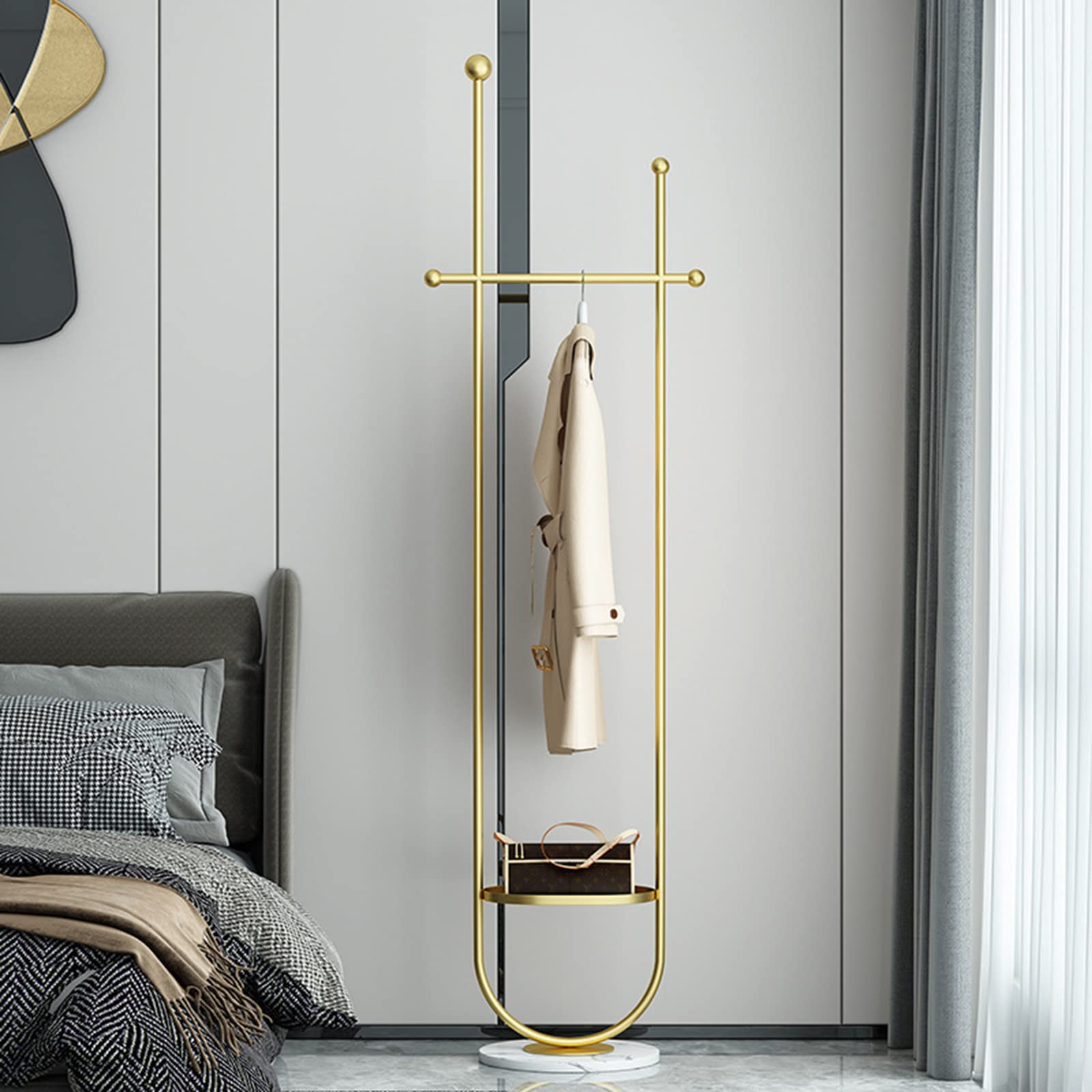 XXAHGSK Appendiabiti Oro alla Moda Appendiabiti, Autoportante Appendiabiti con Scaffali, Base in Metallo E Marmo Appendiabiti, Soggiorno Camera da Letto Piccolo Spazio Porta Abiti(Color:Oro+Nero