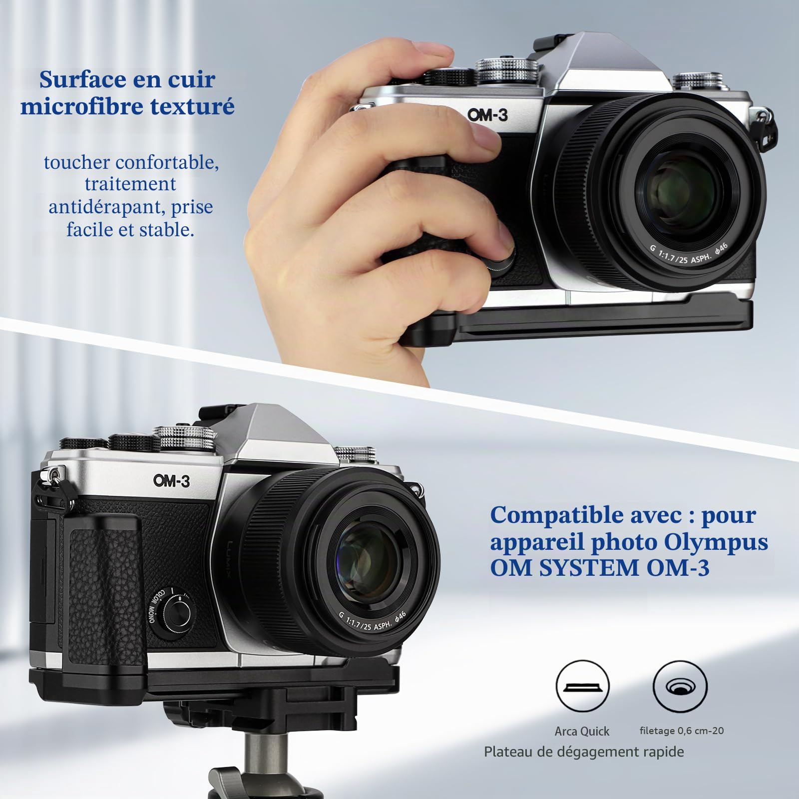Haoge OM3 Support pour appareil photo OM SYSTEM OM-3 Compatible avec Arca Swiss Kirk RRS Quick Release Plate HG-OM3