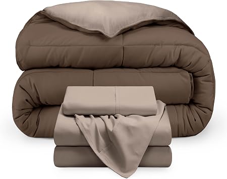 Bare Home Reversible Bed-in-A-Bag Comforter & Sheet Set - Twin - Down Alternative - Soft - Bedding Set Twin, Cocoa/Taupe, Taupe