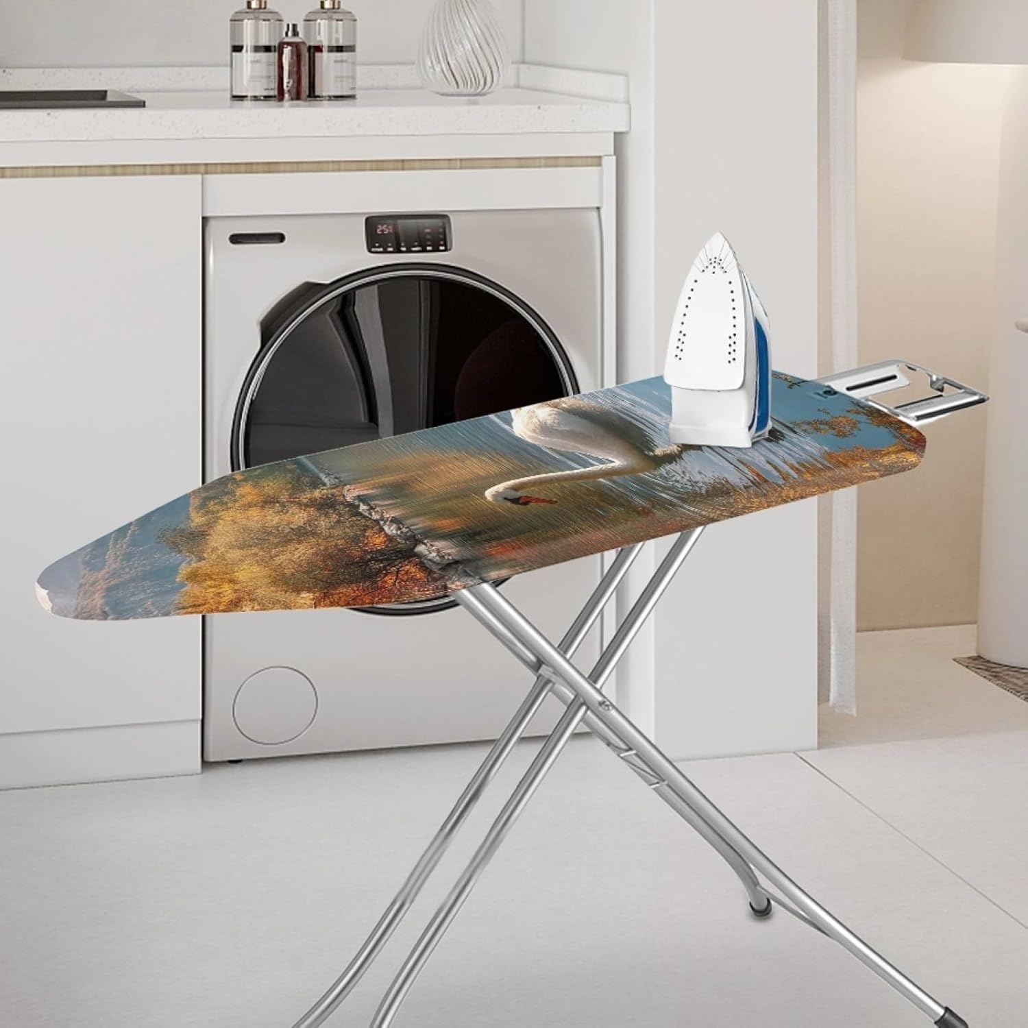 Ironing Board Cover 14x48 Swan White Red Iron Board Cover with Padding Heat Reflective,Scorch Resistant Thick Padding,Snug Fit Non-Slip Nose Pocket Fastener Straps Elastic Edges