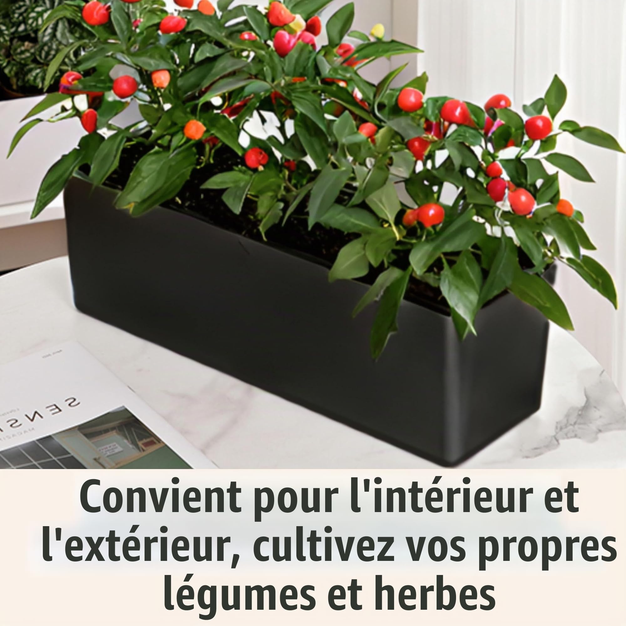 LaLaGreen Lot de 2 pots de fleurs rectangulaires pour plantes d'intérieur et d'intérieur - 40,6 cm - Noir - Avec drainage - Décoration moderne - Pour balcon, rebord de fenêtre, herbes, maison et