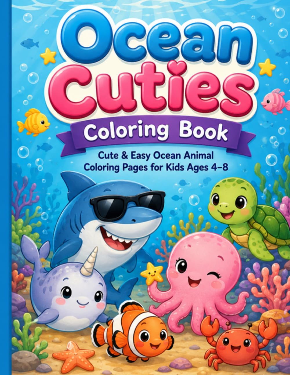 Ocean Cuties Coloring Book: Cute & Easy Ocean Animal Coloring Pages for Kids Ages 4–8