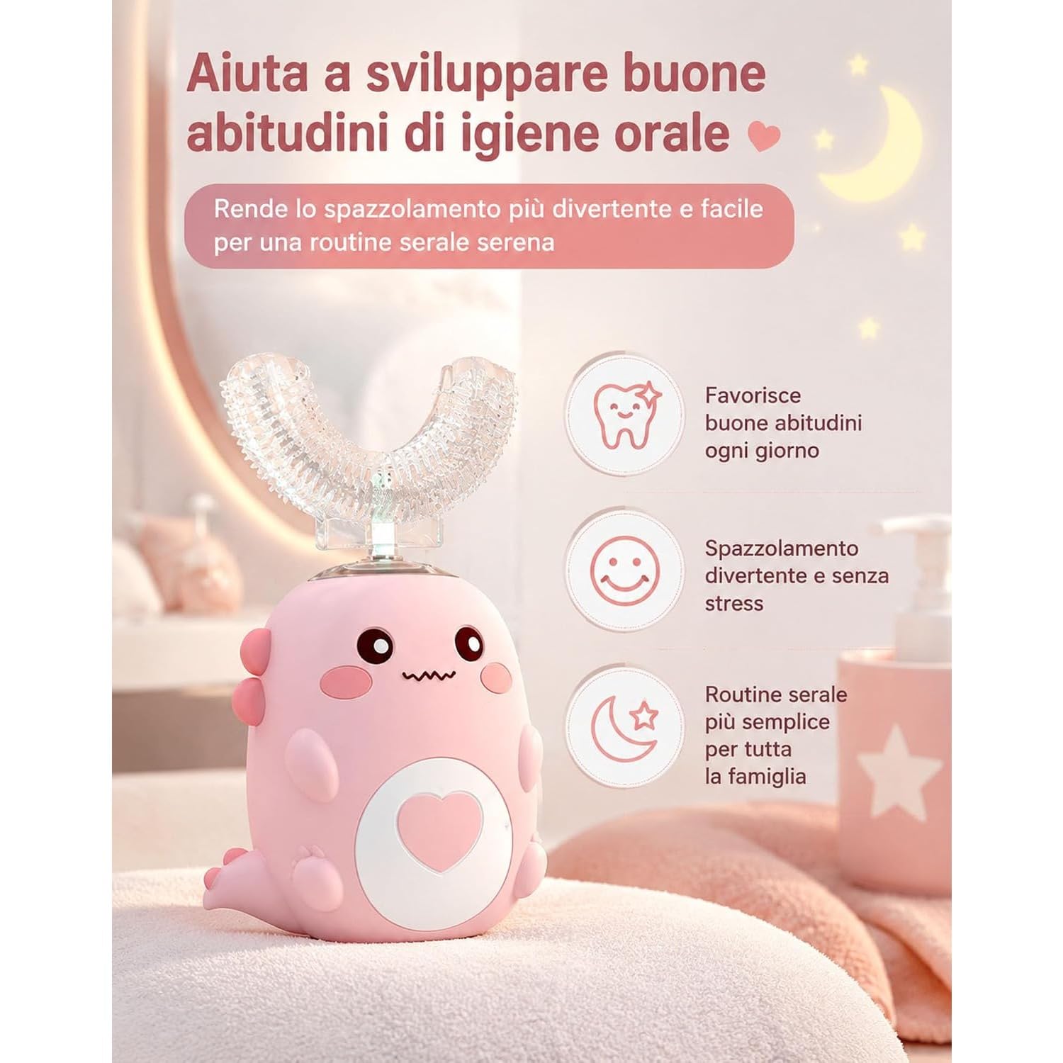 DinoBrush Spazzolino Elettrico Per Bambini, Dinobrush Piccolo&Co (6-12 Anni,Rosa)