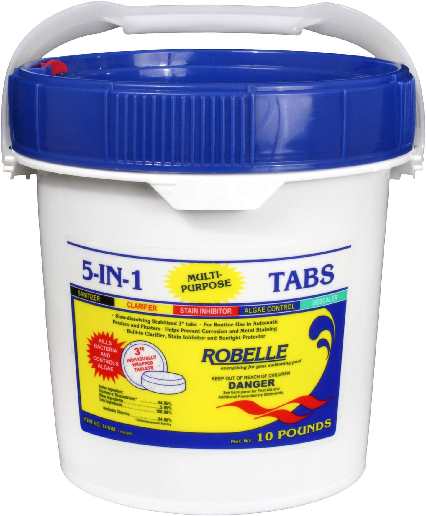 Robelle 10-Pounds Premium 5-In-1 Multi-Purpose Tabs, Chlorine Tablets 3 Inch, Sanitizer, Clarifier, Stain Inhibitor, Algae Control, Descaler, Sunlight Protector All In One, Made In USA