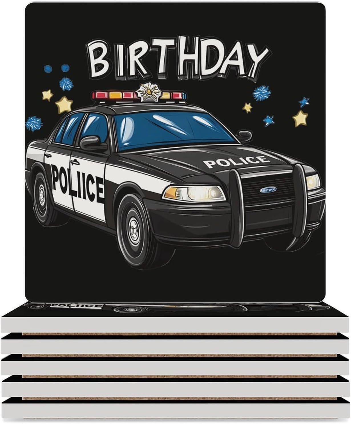 Birthday Police Car Policeman Ceramic Coasters Square Drinks Coaster Coffee Table Decor Table Coaster for Home Bar