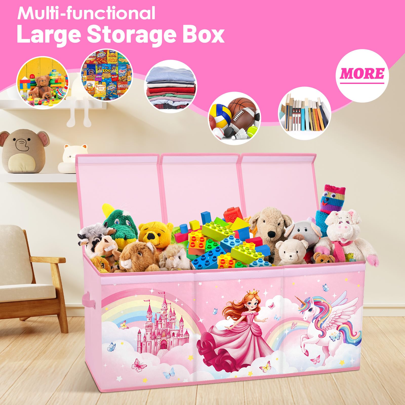 Boîte Rangement Coffre de Jouet,Grand Boîte à jouets avec Couvercle et Poignées pour Enfants Garçons Filles,Pliable Boîte de Rangement Adaptée Aux Chambre, Salle De Jeux,Princesse Licorne