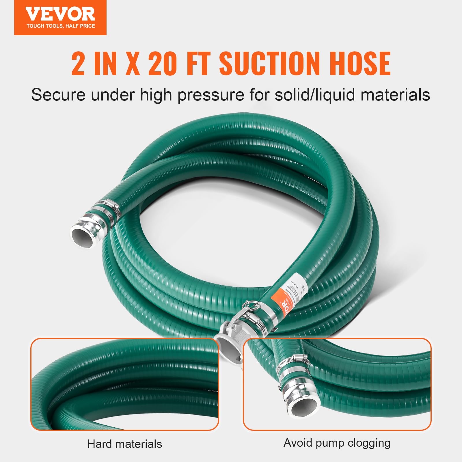 VEVOR Tubo di Aspirazione, 50,8 mm x 6,10 m, Tubo Verde con Connettori Camlock e Raccordi in Alluminio, Adatto a Varie Pompe, per Trattamento di Acque Reflue, Trasporto Acqua e Altri Scopi Agricoli