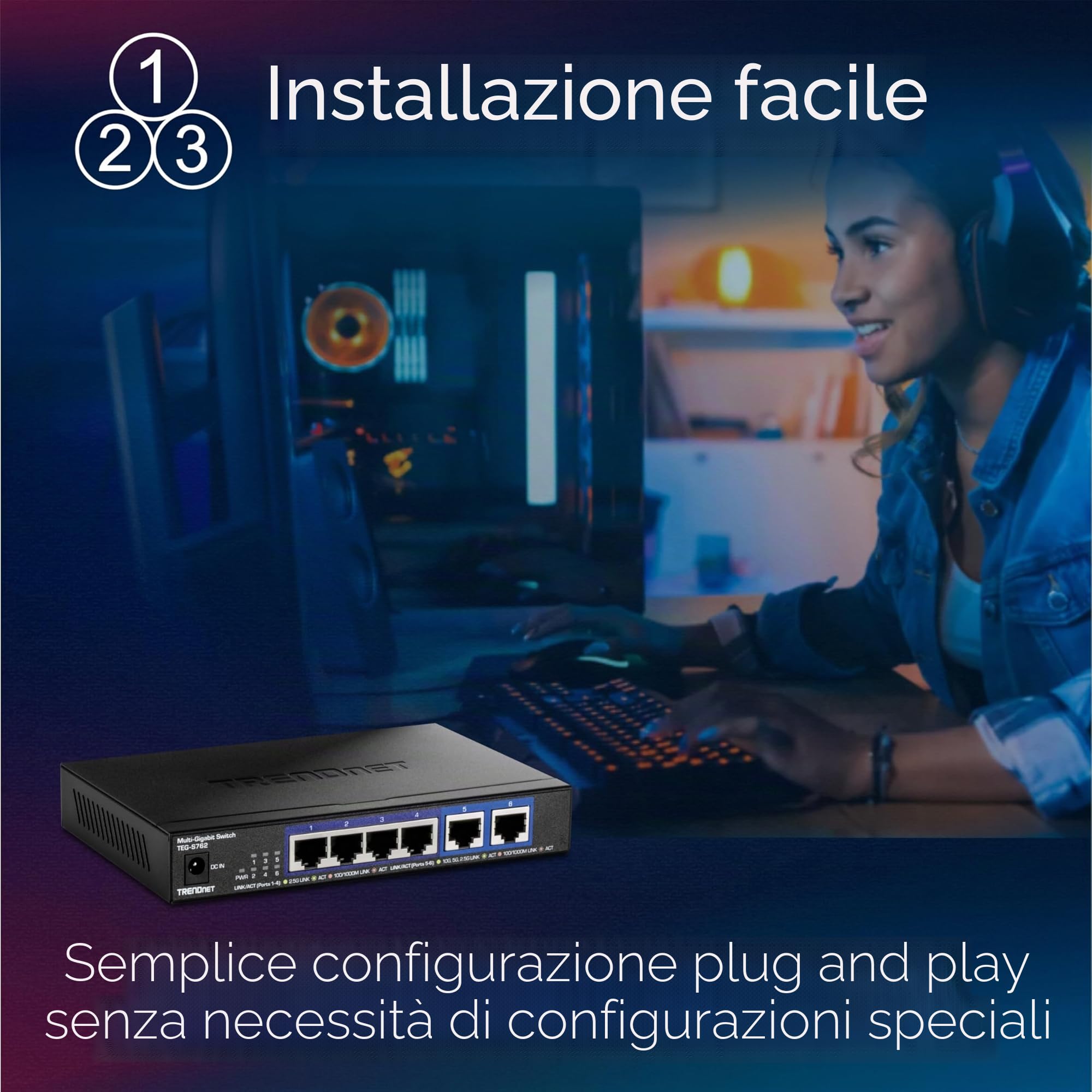 TRENDnet TEG-S762 Switch 6 porte 10G, 4 porte RJ-45 Base-T da 2,5 G, 2 porte RJ-45 10G, capacità di commutazione 60 Gbps, montabile a parete, connessioni di rete 10 Gigabit, nero
