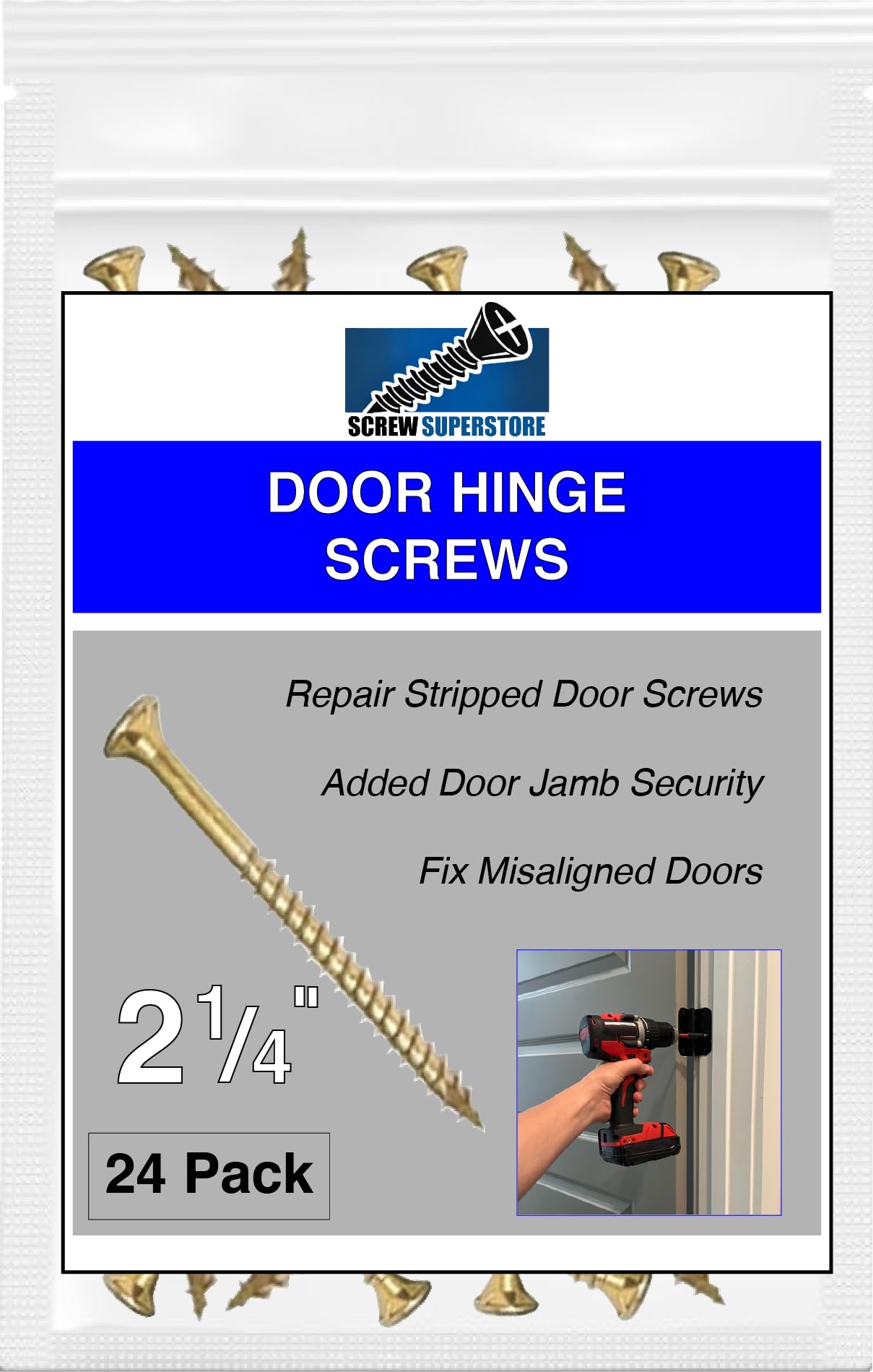 Polished Brass Finish Wood Screws 9 X 2-1/4 Inch – Extra Long Steel Door Hinge Screws - Door Security Screws - 24 Pack