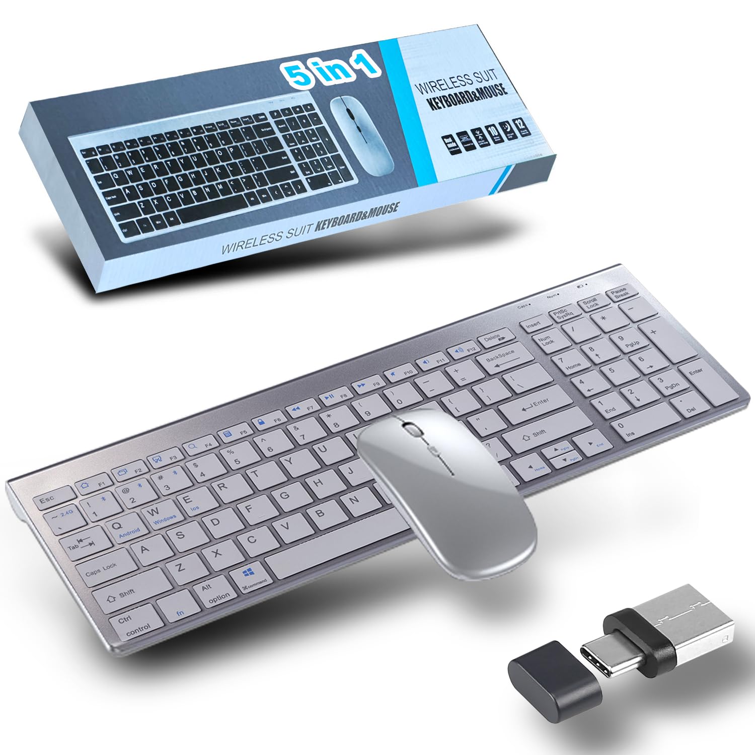Set tastiera e mouse wireless da 2,4 GHz, Bluetooth e Type-C, 3 modalità e 5 canali, ricaricabile, portatile, compatto, silenzioso, sottile, tastiera e mouse combinato, 1600 DPI, QWERTY US, argento