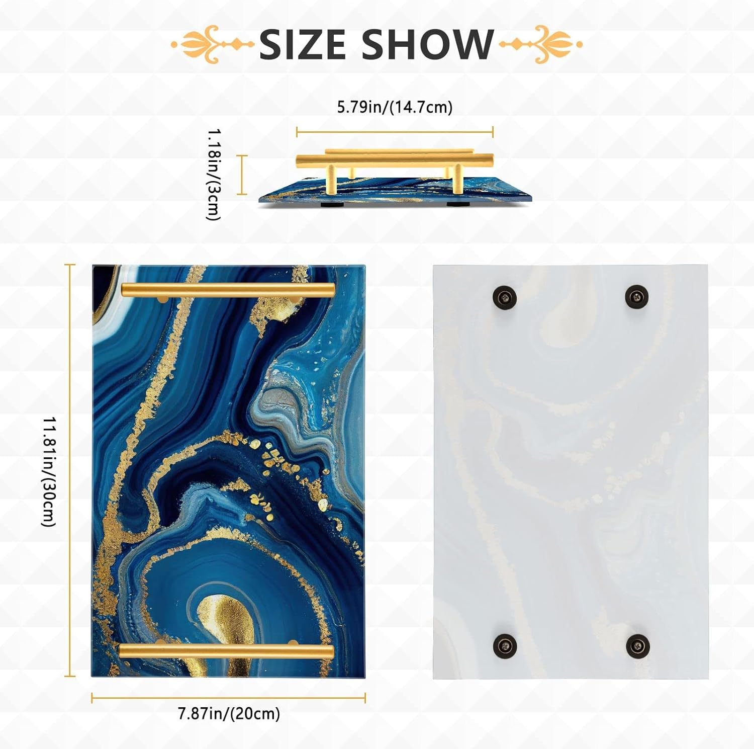 Vanity Tray (Gold Blue Agate), Acrylic Decorative Serving Tray Coffee Table Tray with Metal Handles for Bathroom Living Room Bedroom 7.87×11.81 inches