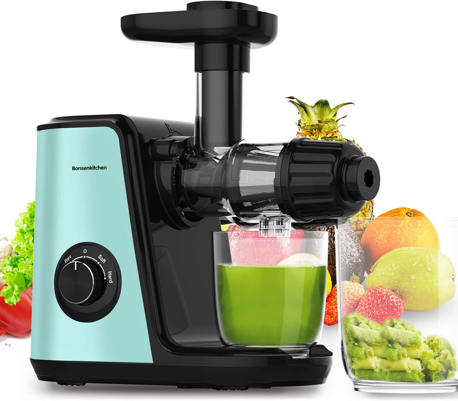 Slow Masticating Juicer, Bonsenkitchen Cold Press Juicer Machines for Fruit & Vegetable, Celery Juicer Easy to Clean, BPA Free, Quiet Motor & Reverse Function, Juice Extractor with Brush