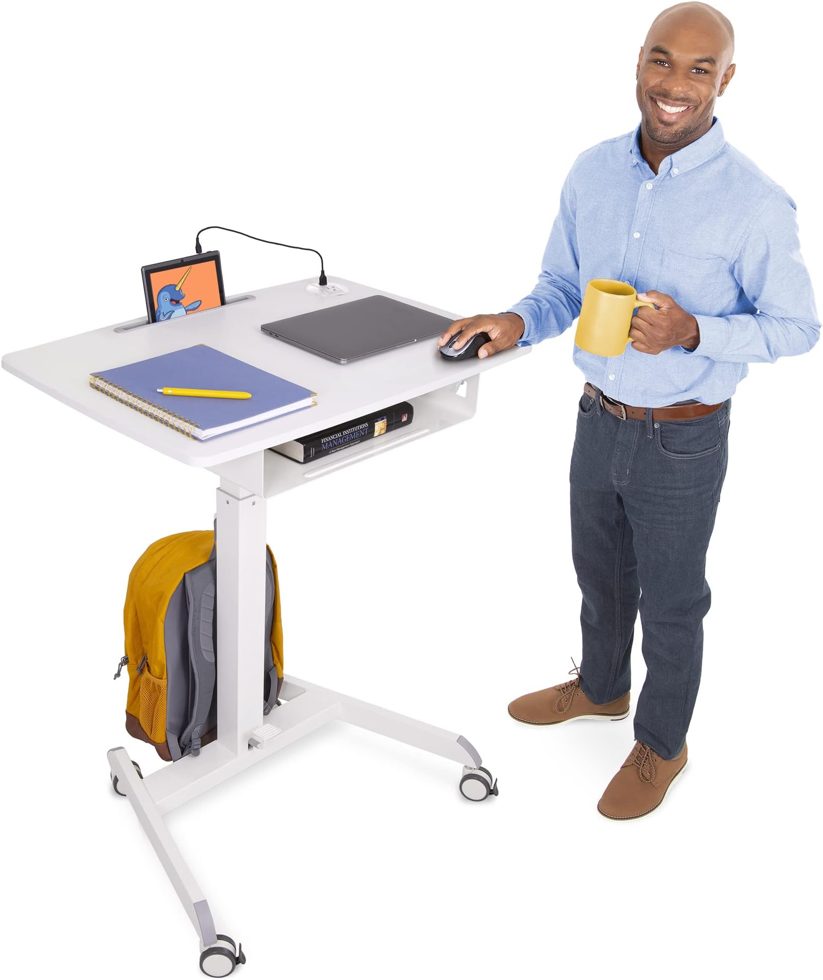Stand Steady Cruizer™ Mobile Podium with UL Safety Certified Power Outlets | 31in Height Adjustable Student Desk with Built-In Storage | Portable Standing Desk | Rolling Laptop Desk (White/31 x 22in)