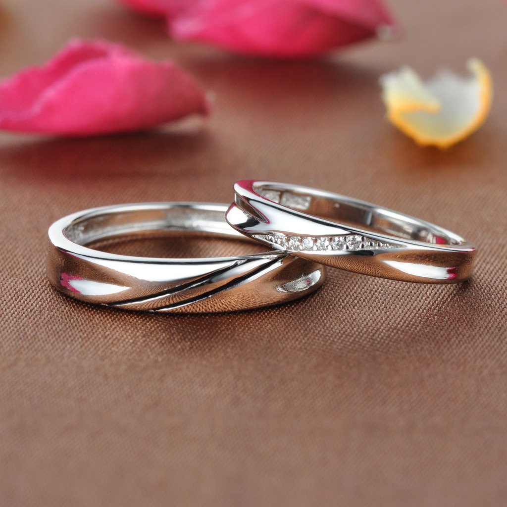 Juego de alianzas Infinite U Simple Wave de plata de ley 925 con circonita cúbica para parejas, anillo de compromiso, para aniversario. Tamaño: 15,40-20,02 mm