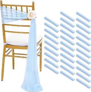 Aisle Chair Sashes Decorations Bulk: 32 Pieces Light Blue Sheer Draping Fabric - 8ft Long Chair Ribbons for Unicorn Party Dinner